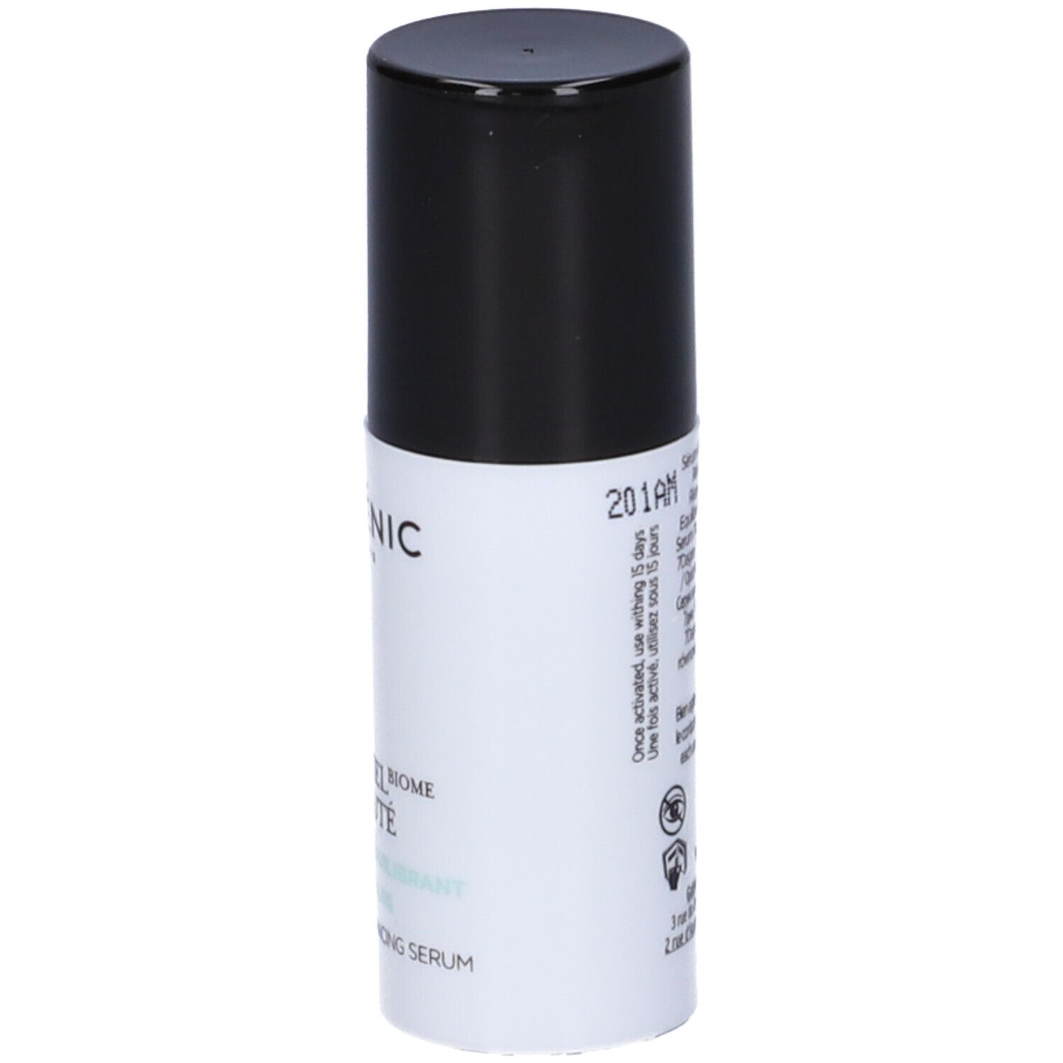 Retro del flacone di siero. Testo multilingue. Informazioni sull'uso e il produttore.