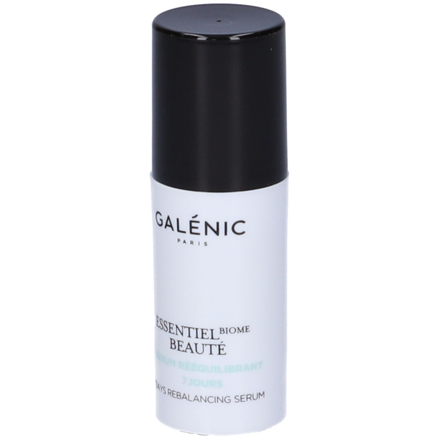 Flacone di siero con tappo nero. Scritta: Galénic, Essentiel Beauté, Sérum rééquilibrant 7 jours.