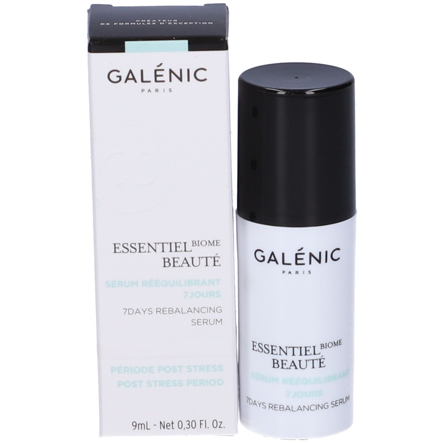 Flacone di siero e confezione. Scritta: Galénic, Essentiel Beauté, Sérum rééquilibrant 7 jours. 9ml.