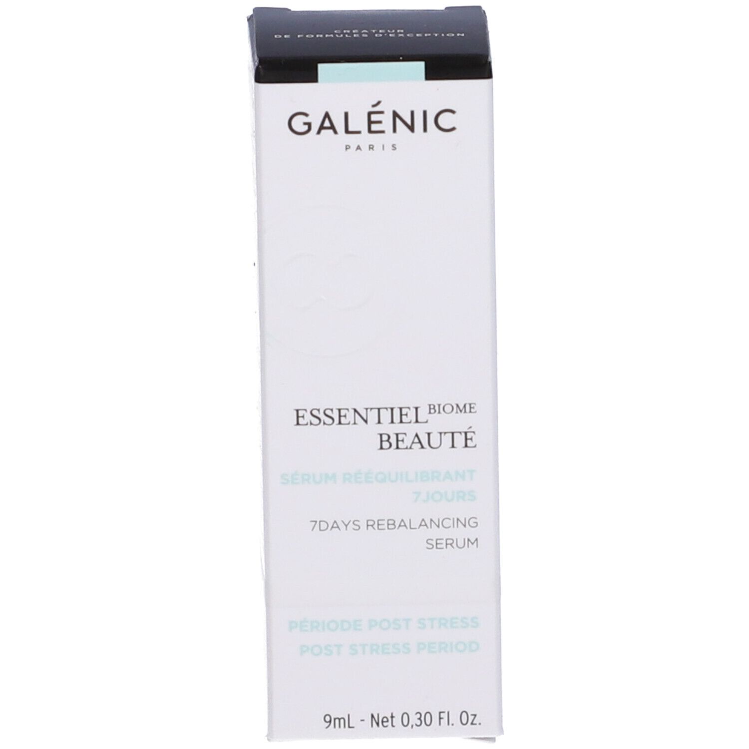 Confezione. Scritta: Galénic, Essentiel Beauté, Sérum rééquilibrant 7 jours. 9ml.