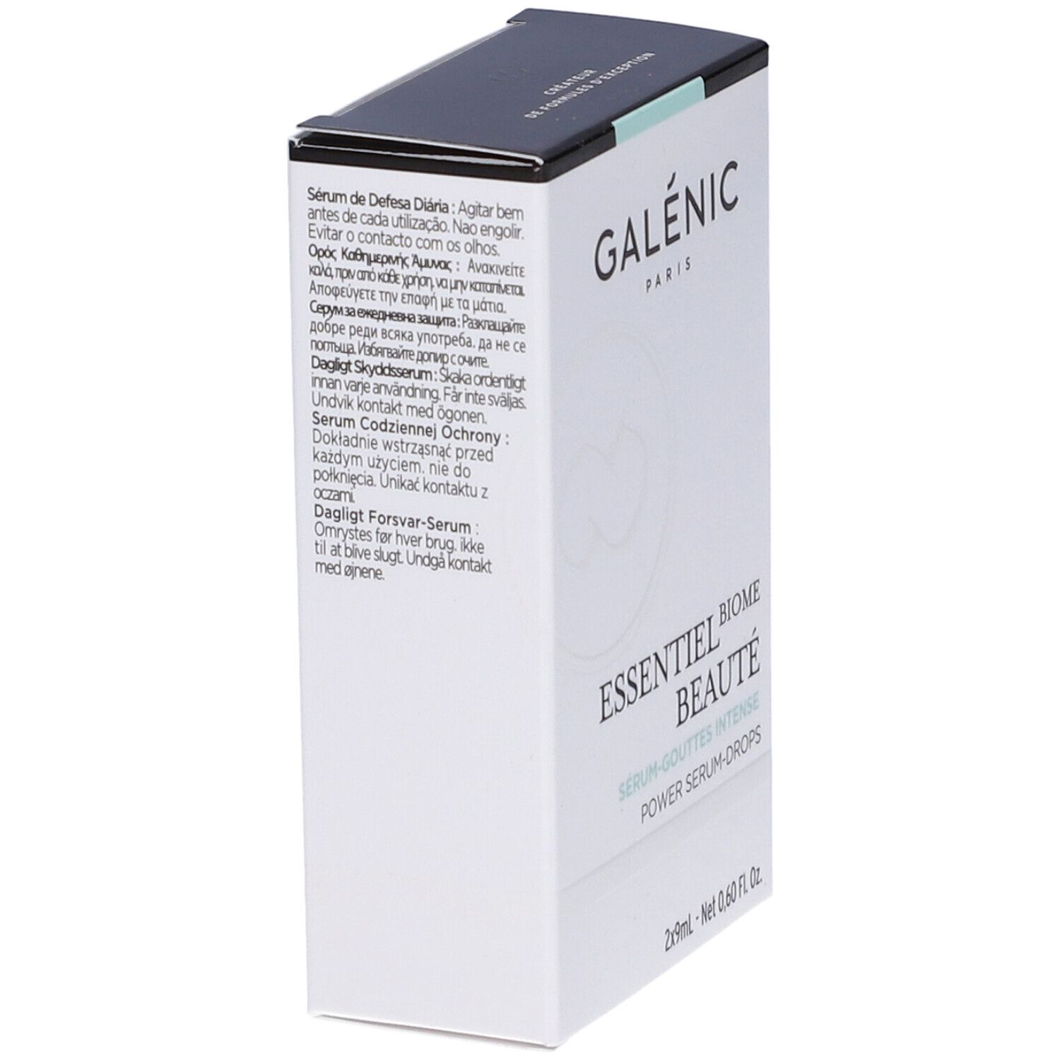 Confezione Galénic Essentiel Biome Beauté Power Serum Drops. Testo e logo. 2x9ml. Scatola bianca.