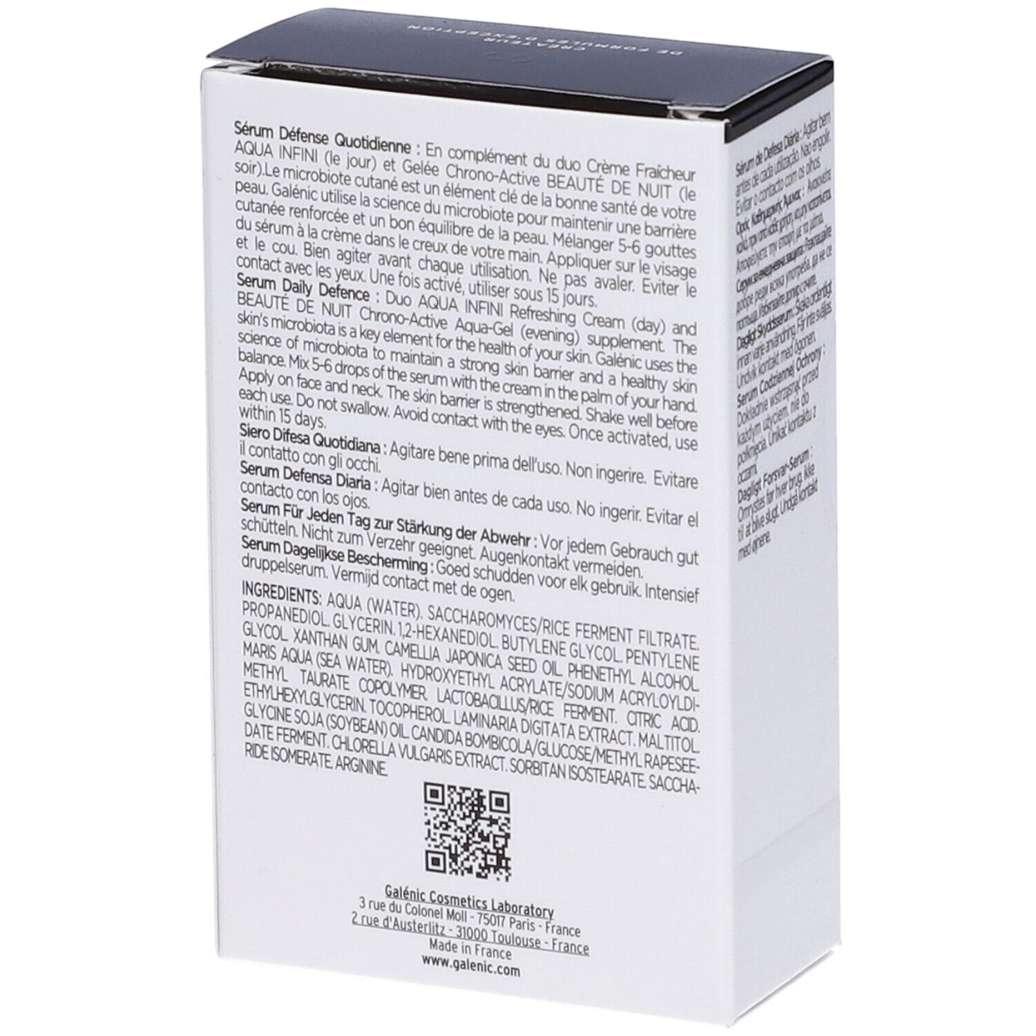 Confezione Galénic Essentiel Biome Beauté Power Serum Drops. Testo e logo. 2x9ml. Scatola bianca.