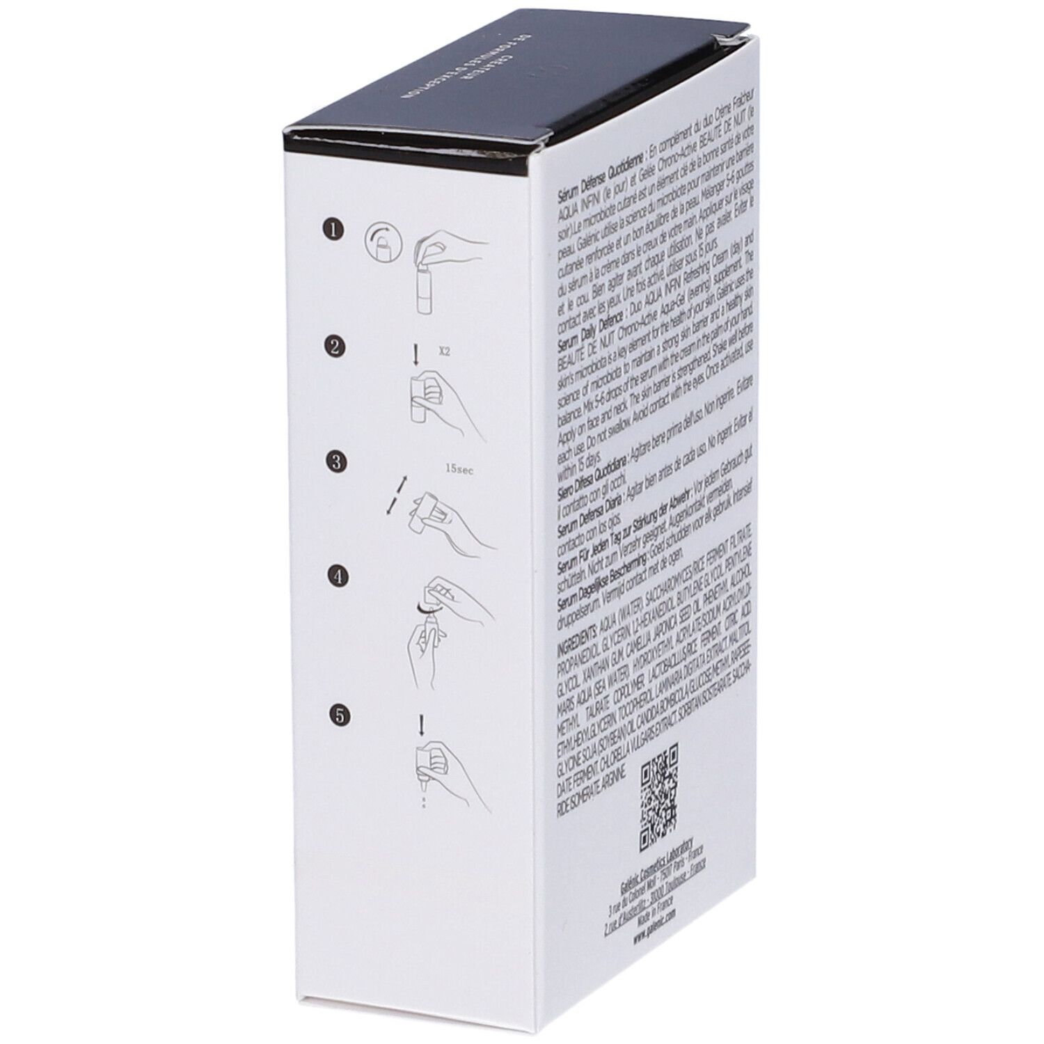 Confezione Galénic Essentiel Biome Beauté Power Serum Drops. Istruzioni. Logo e nome. 2x9ml. Scatola bianca.