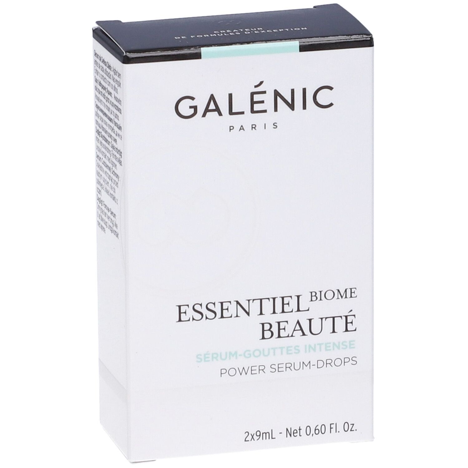 Confezione Galénic Essentiel Biome Beauté Power Serum Drops. Logo e nome prodotto. 2x9ml. Scatola bianca.