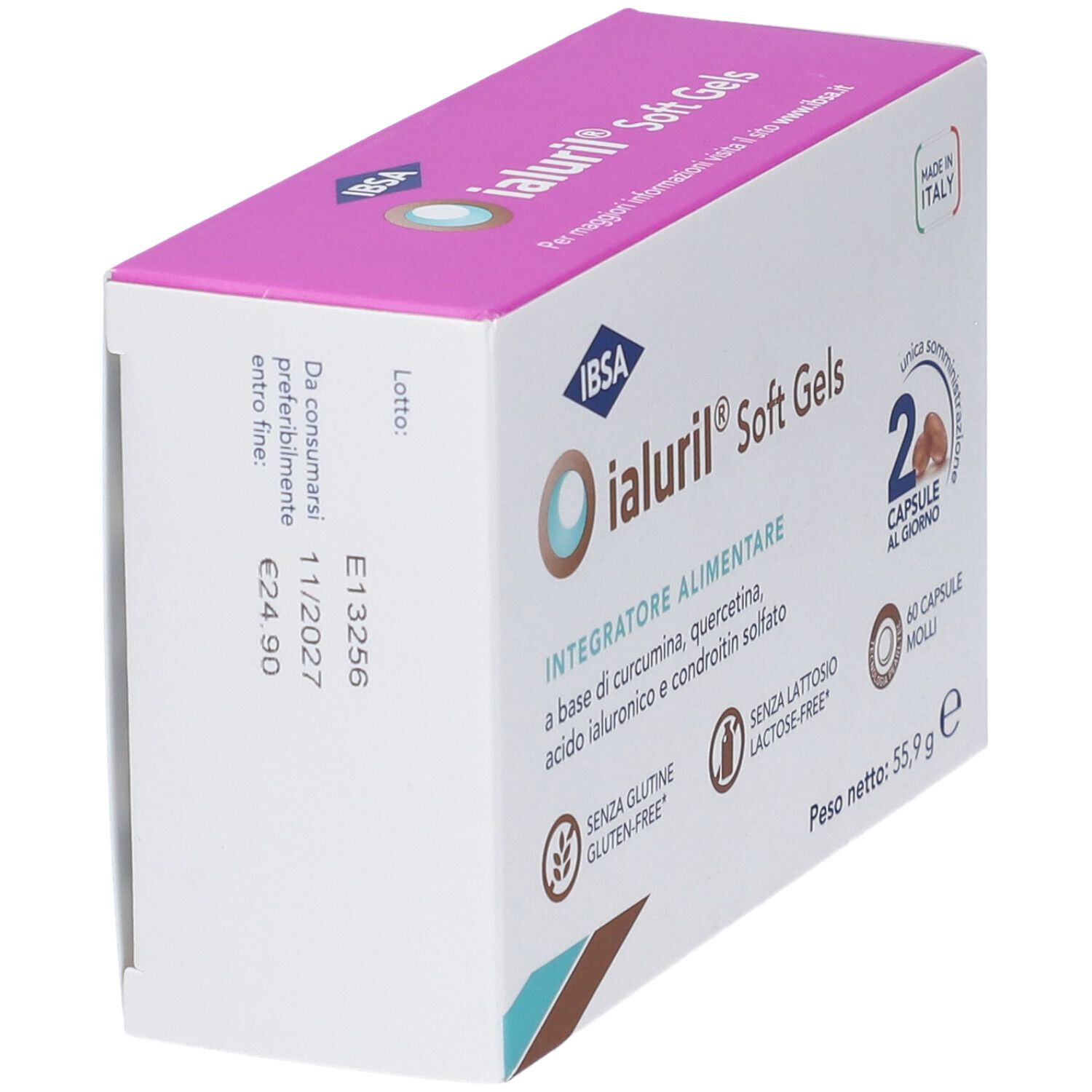 Confezione Ialuril Soft Gels, vista laterale con scadenza 11/2027.