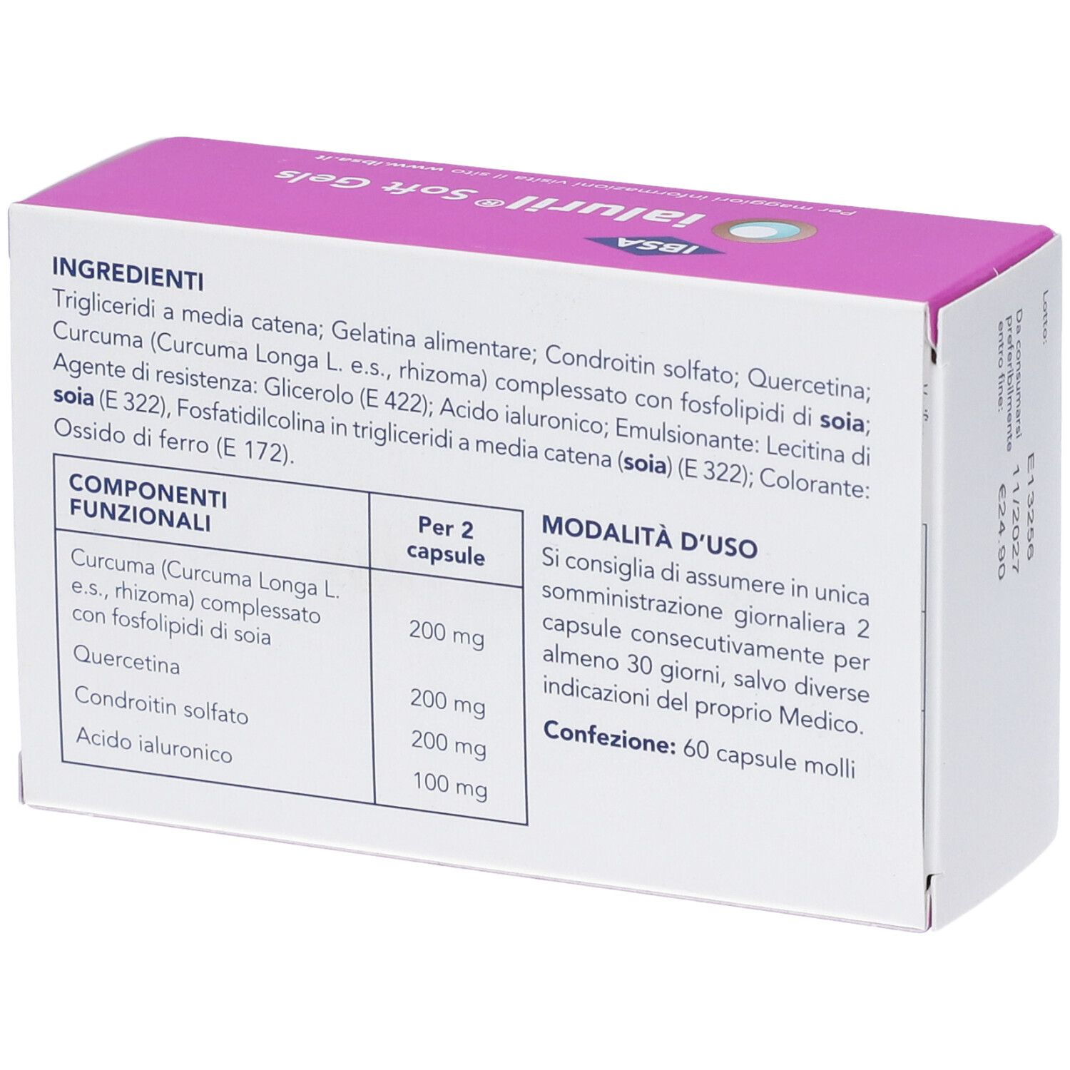 Retro della confezione Ialuril Soft Gels con ingredienti e modalità d'uso.