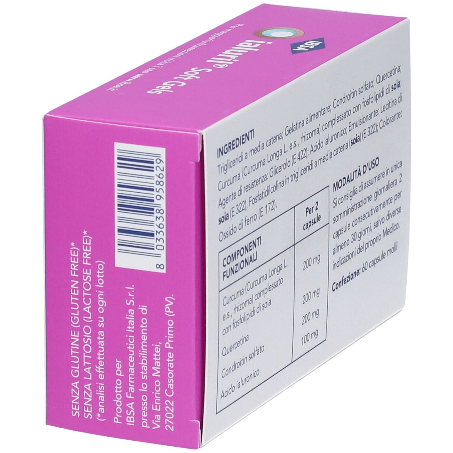 Confezione Ialuril Soft Gels, retro con codice a barre e informazioni produttore.
