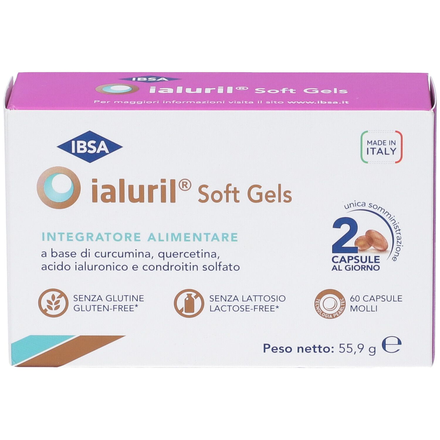 Fronte della confezione Ialuril Soft Gels, 60 capsule, Made in Italy.