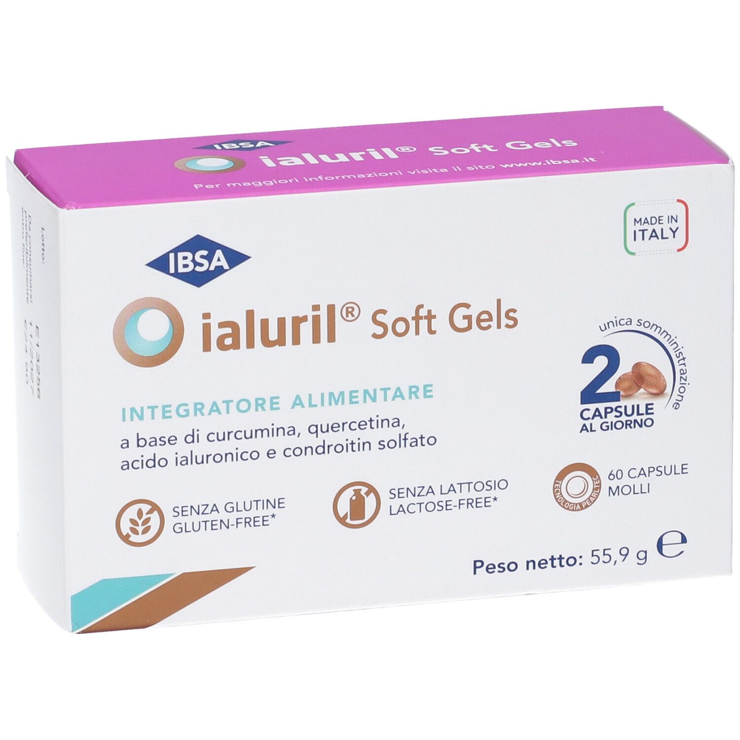 Confezione Ialuril Soft Gels, 60 capsule, Made in Italy, senza glutine e lattosio.