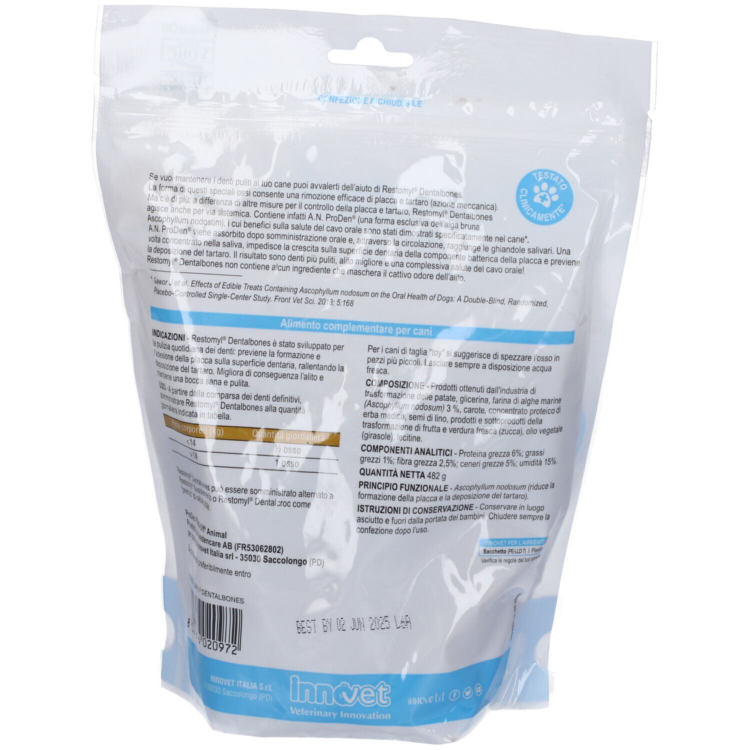 Retro della confezione Restomyl Dentalbones. Testo con ingredienti e istruzioni. Data di scadenza.