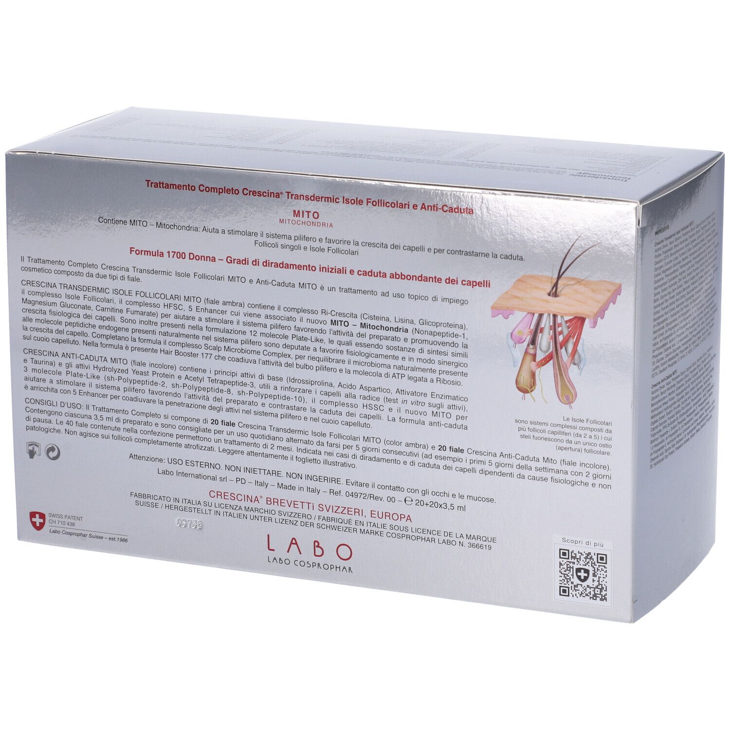 Retro della scatola argentata. Testo e illustrazione. Croce svizzera. Codice QR.