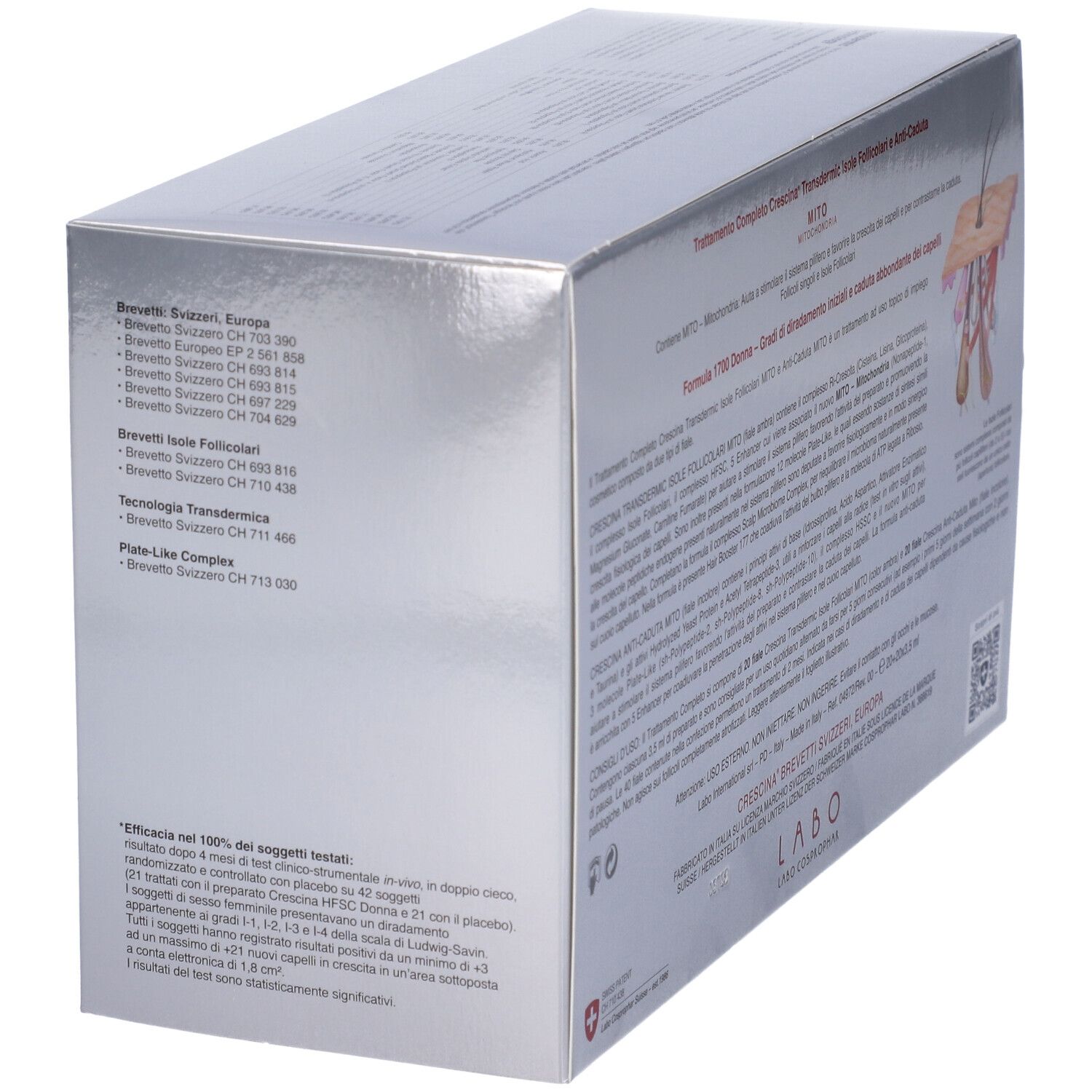 Scatola, vista obliqua dall'alto. Testo e illustrazione. Croce svizzera. Codice QR.