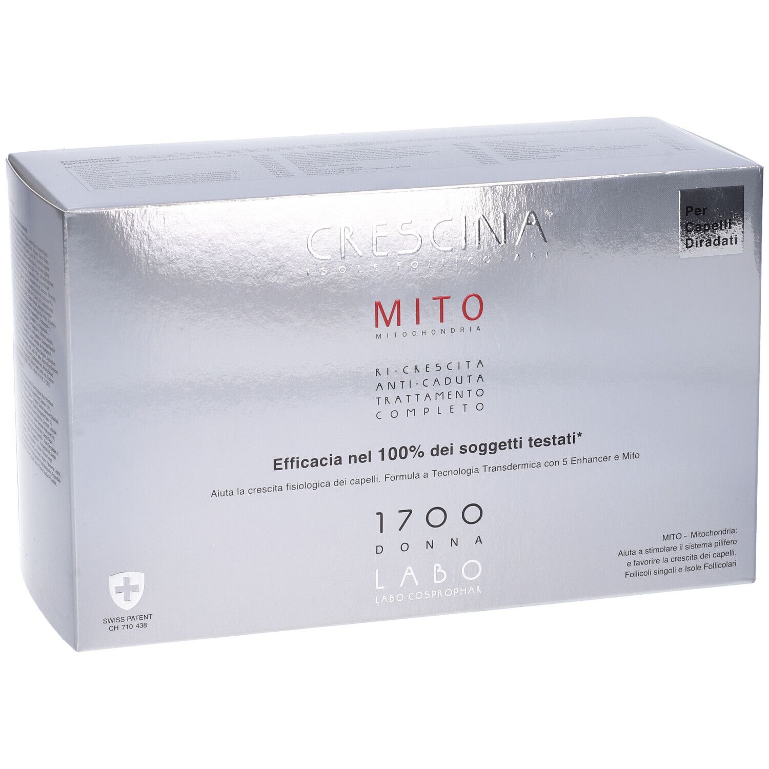 Scatola argentata con stampa del prodotto. Scritta: CRESCINA, MITO, 1700 DONNA. Croce svizzera.