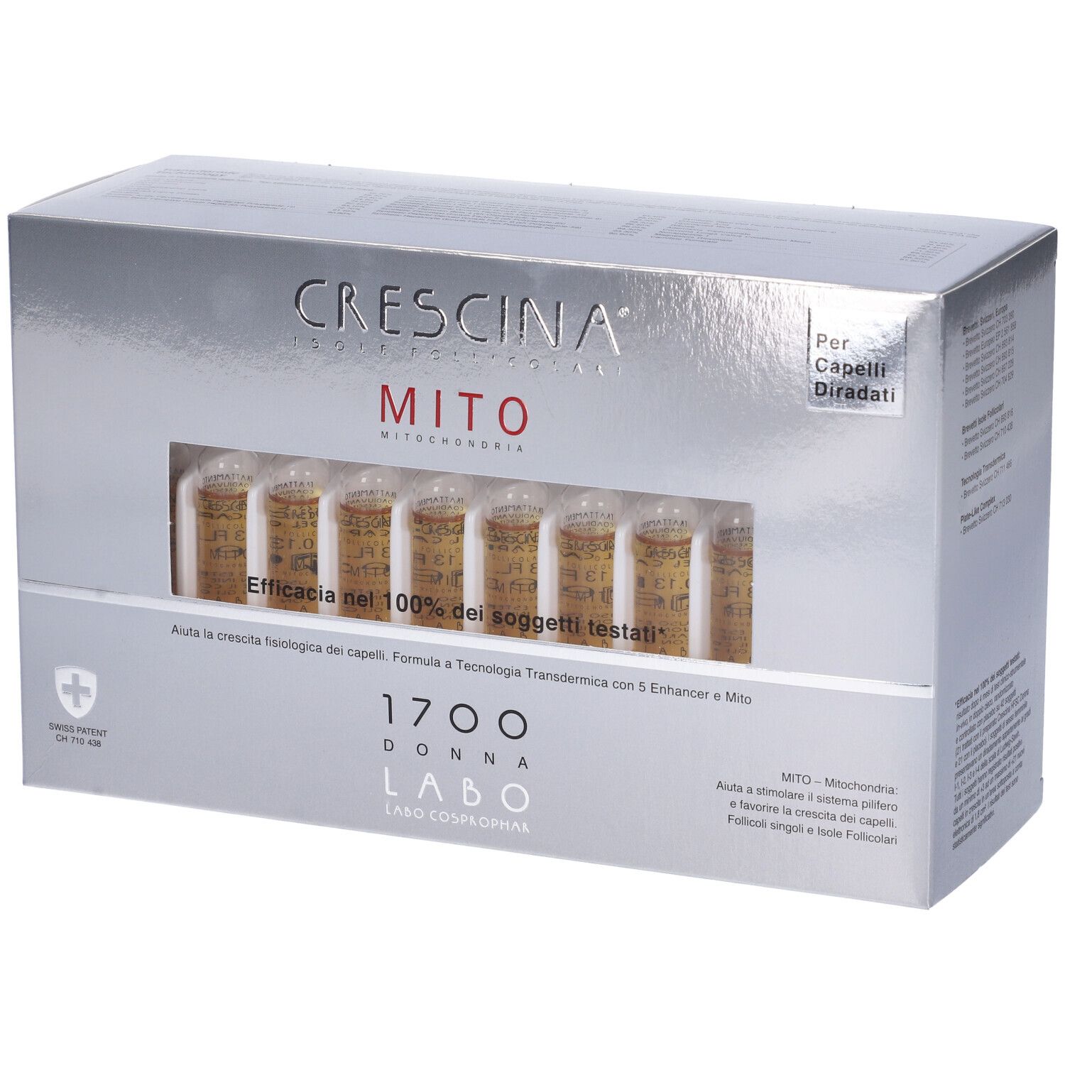 Scatola CRESCINA MITO 1700 DONNA con fiale visibili. Testo: Efficacia nel 100% dei soggetti testati.