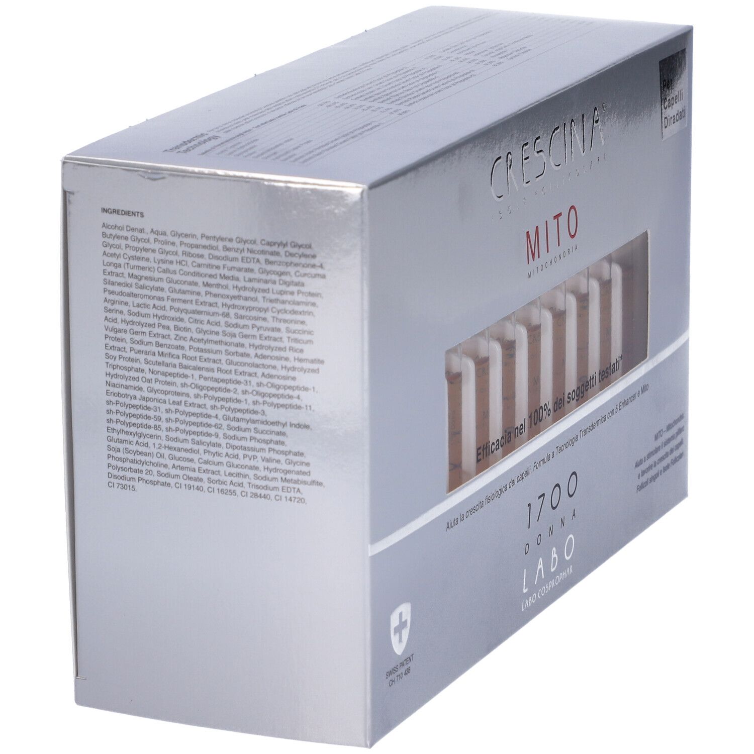 Scatola argentata con informazioni sul prodotto. Ingredienti e testo CRESCINA MITO 1700 DONNA.