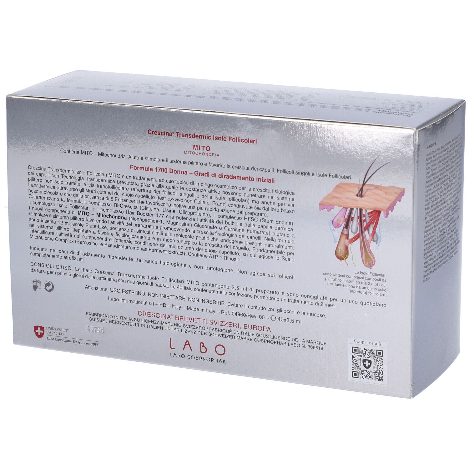 Retro della scatola. Testo: CRESCINA Transdermic Isole Follicolari MITO. Schema del cuoio capelluto.
