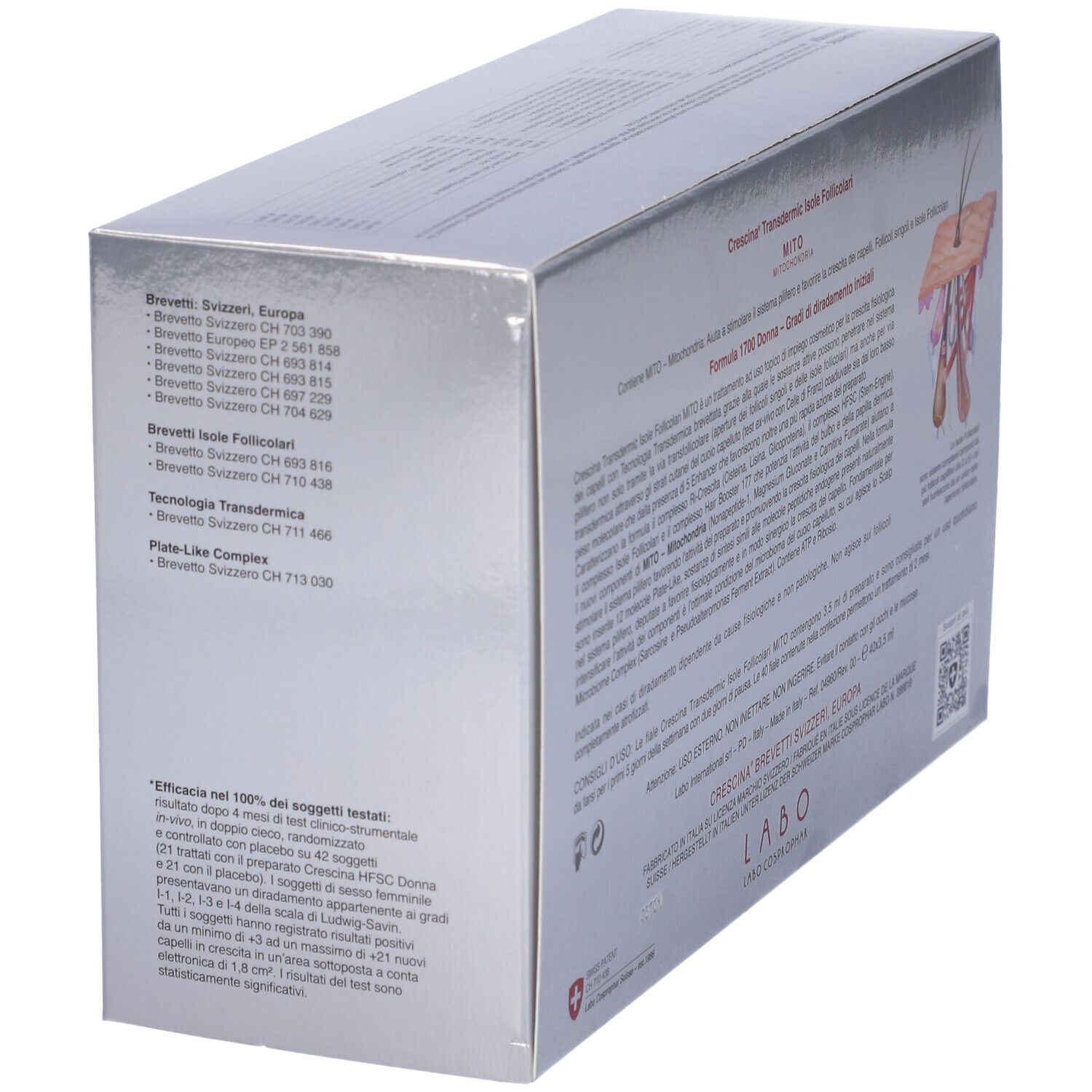 Scatola con testo e illustrazioni. Scritte: CRESCINA. Informazioni su brevetti e studi.