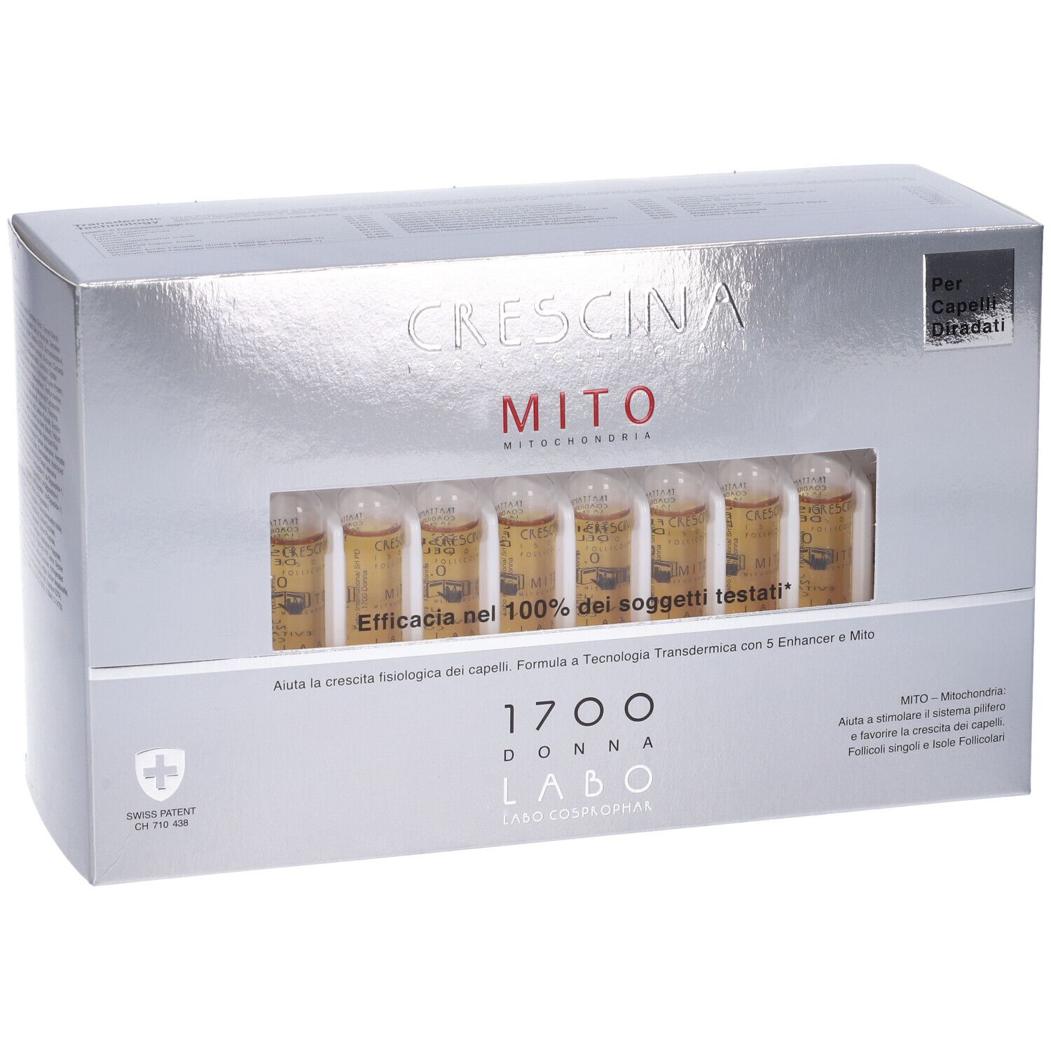 Scatola CRESCINA MITO 1700 DONNA con fiale visibili. Testo: Efficacia nel 100% dei soggetti testati.