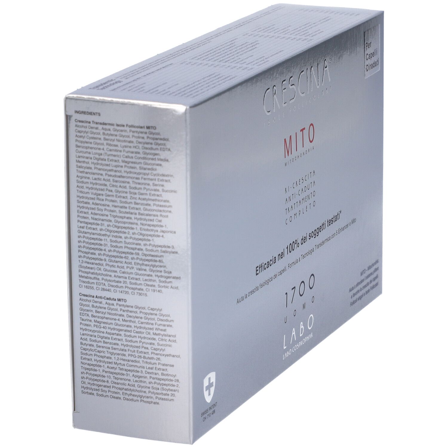 Scatola argentata, vista laterale. Testo: CRESCINA MITO, 1700 UOMO, Labo. Elenco ingredienti. Croce svizzera.