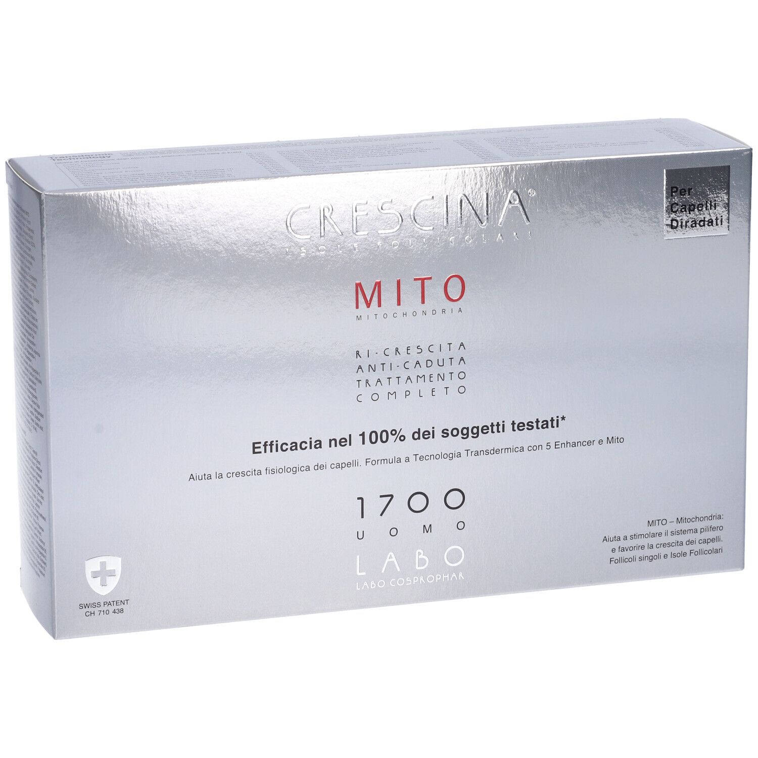 Scatola argentata con stampa del prodotto. Testo: CRESCINA MITO, 1700 UOMO, Labo Cosprophar. Croce svizzera.