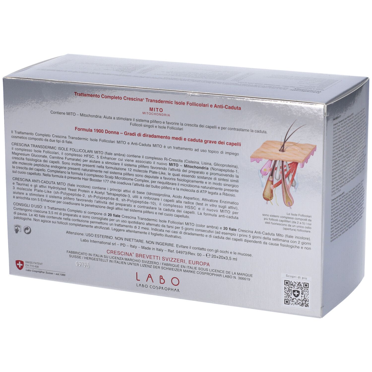 Confezione argento con testo e illustrazione. Marchio CRESCINA, MITO, 1900 DONNA. Vista posteriore.