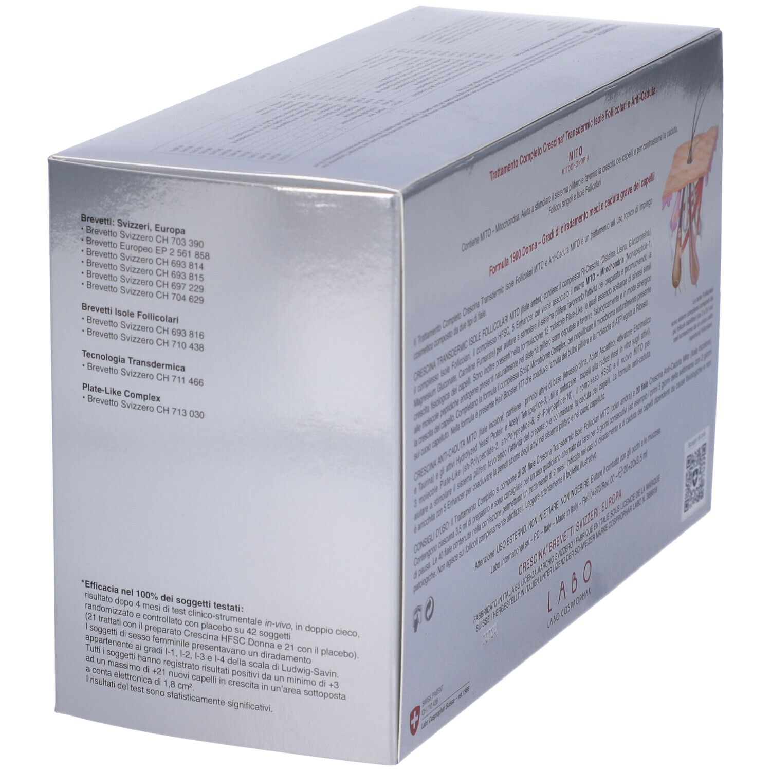 Confezione argento con testo e illustrazione. Marchio CRESCINA, MITO, 1900 DONNA. Vista posteriore.