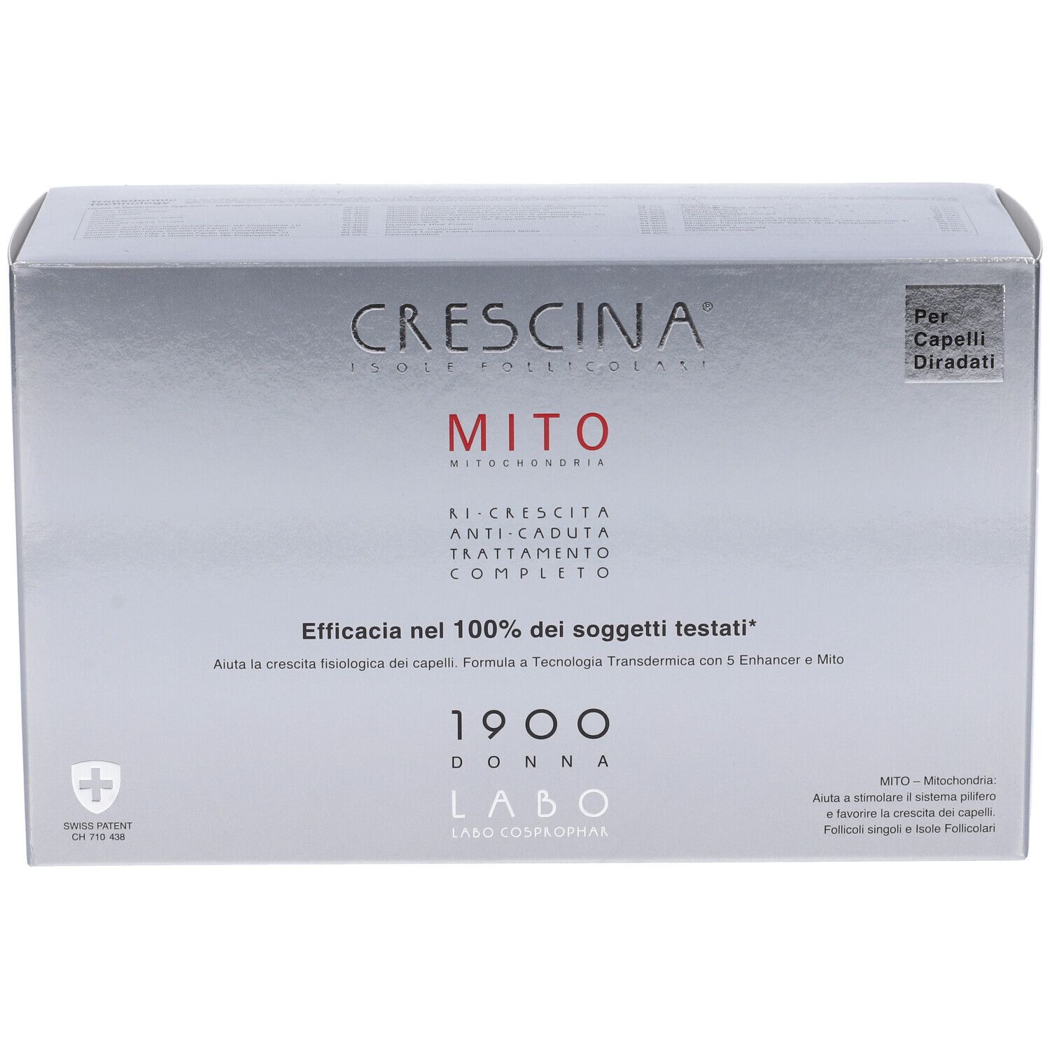 Confezione argento CRESCINA MITO 1900 DONNA. Contiene fiale. Testo in italiano. Vista frontale.