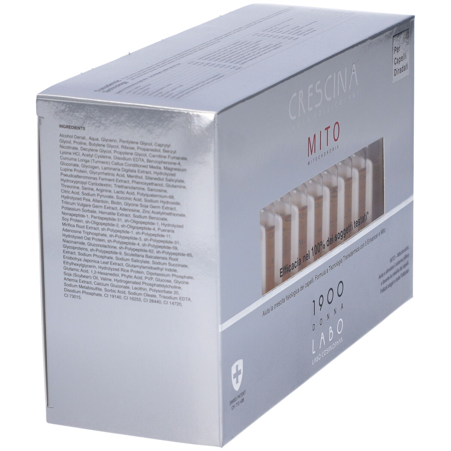 Scatola argentata, vista laterale. Scritta: CRESCINA MITO 1900 DONNA. Fiale visibili.