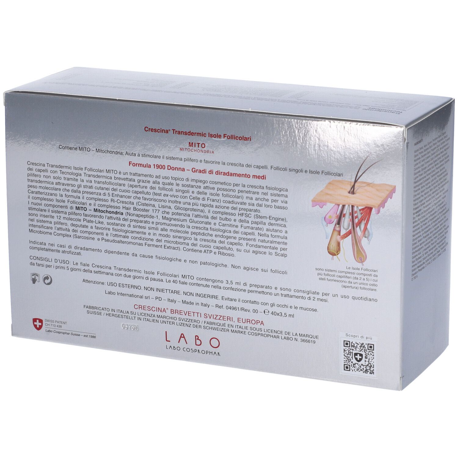 Retro della scatola argentata. Testo e illustrazione di un taglio di capelli.