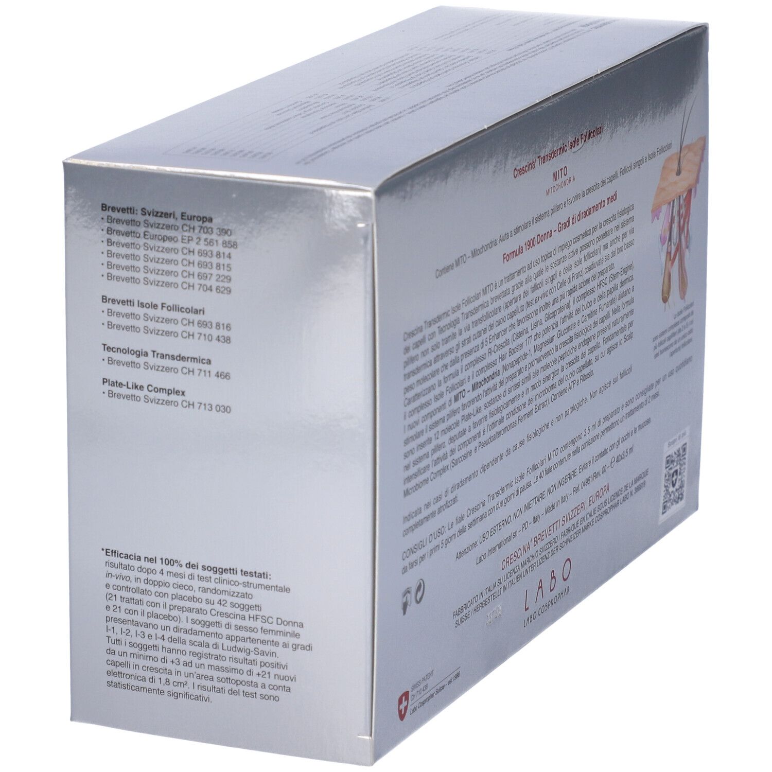 Scatola argentata, vista dettagliata. Testo e loghi. Scritta: CRESCINA MITO.