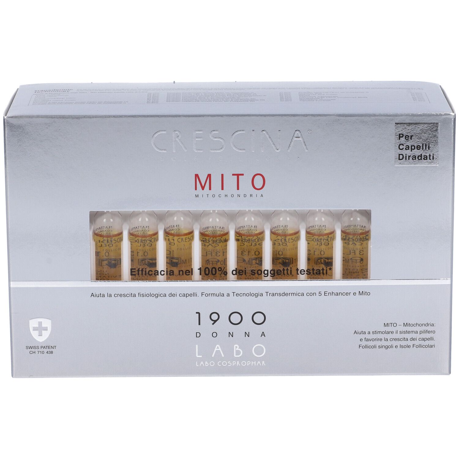 Scatola argentata con fiale. Scritta: CRESCINA MITO 1900 DONNA. Fiale visibili.