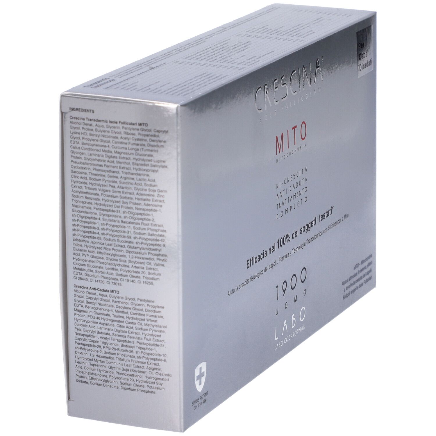 Confezione argento con testo ed elenco ingredienti. Visibile "CRESCINA MITO". Croce svizzera.