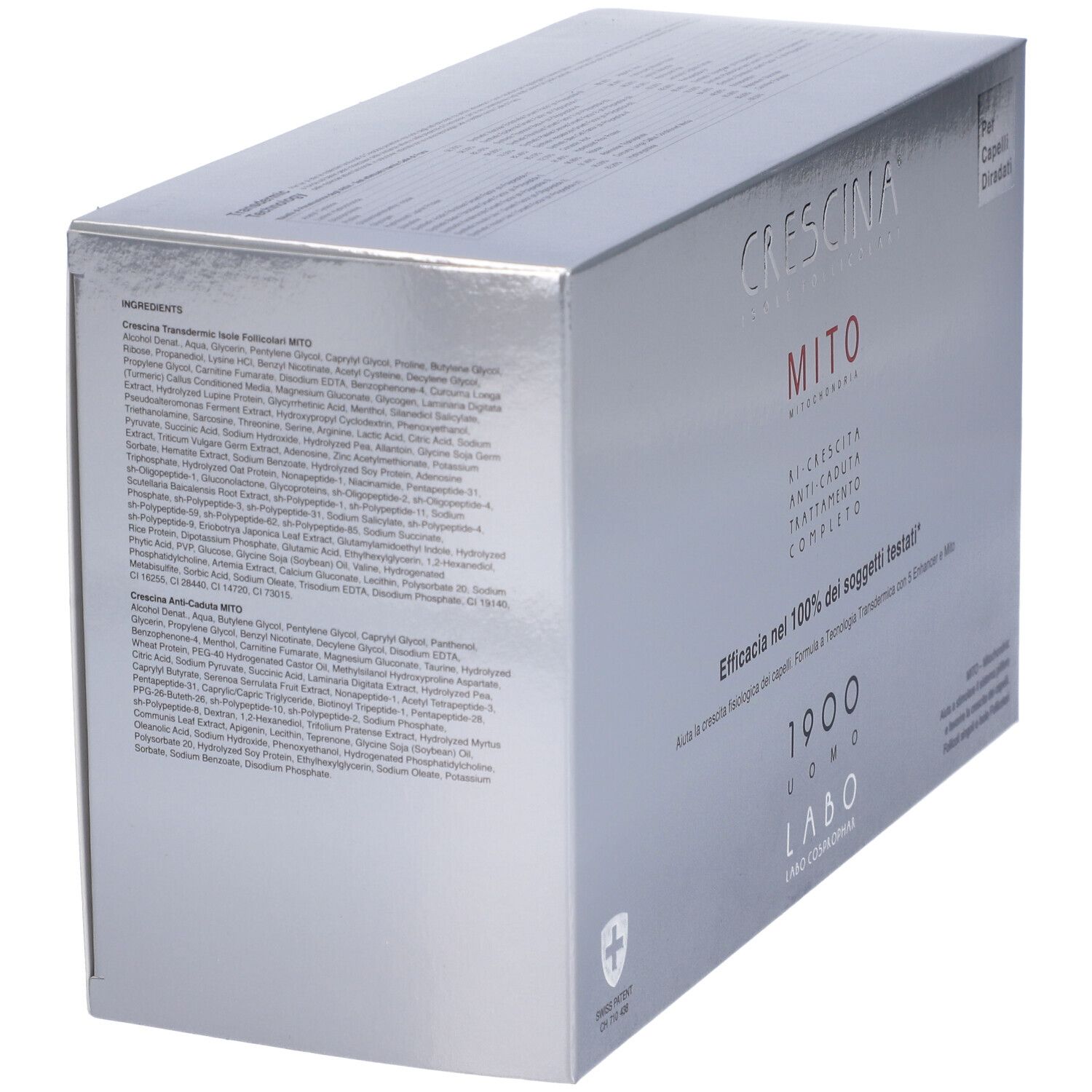 Confezione argento con elenco ingredienti e testo. Brevetto svizzero. CRESCINA MITO. 1900 Uomo.