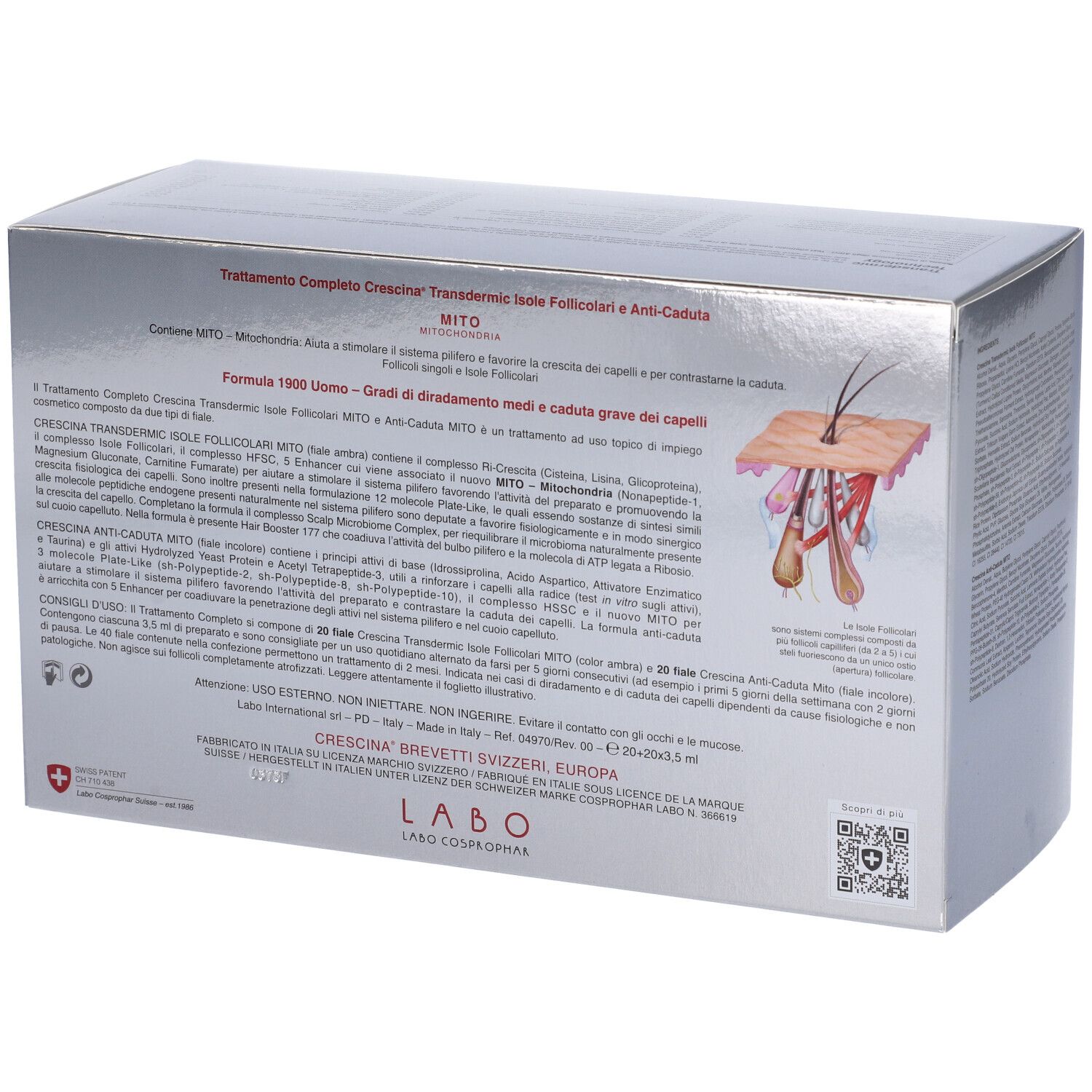 Confezione con testo e illustrazione di taglio di capelli. CRESCINA MITO. Brevetto svizzero. 1900 Uomo.