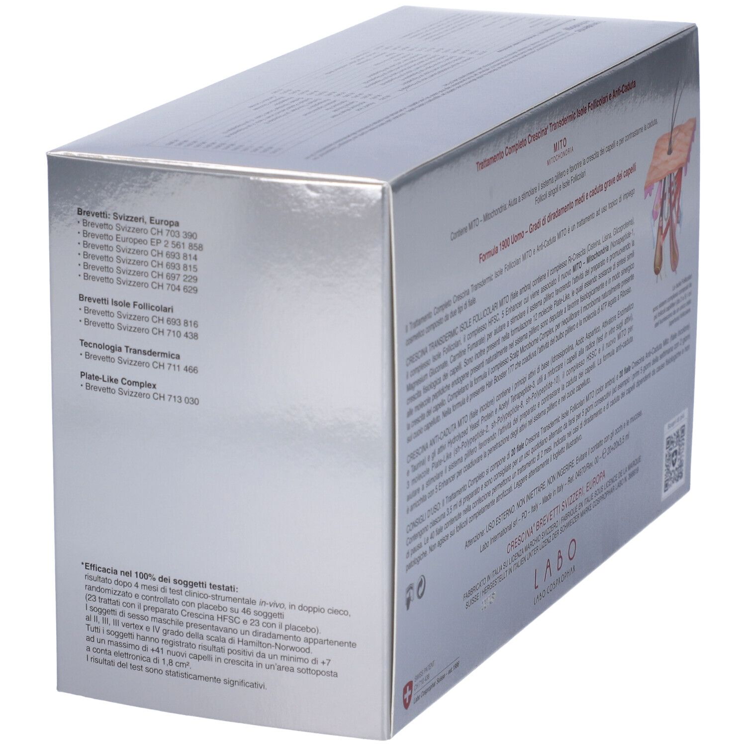 Confezione con testo e illustrazione di taglio di capelli. CRESCINA MITO. Brevetto svizzero. 1900 Uomo.