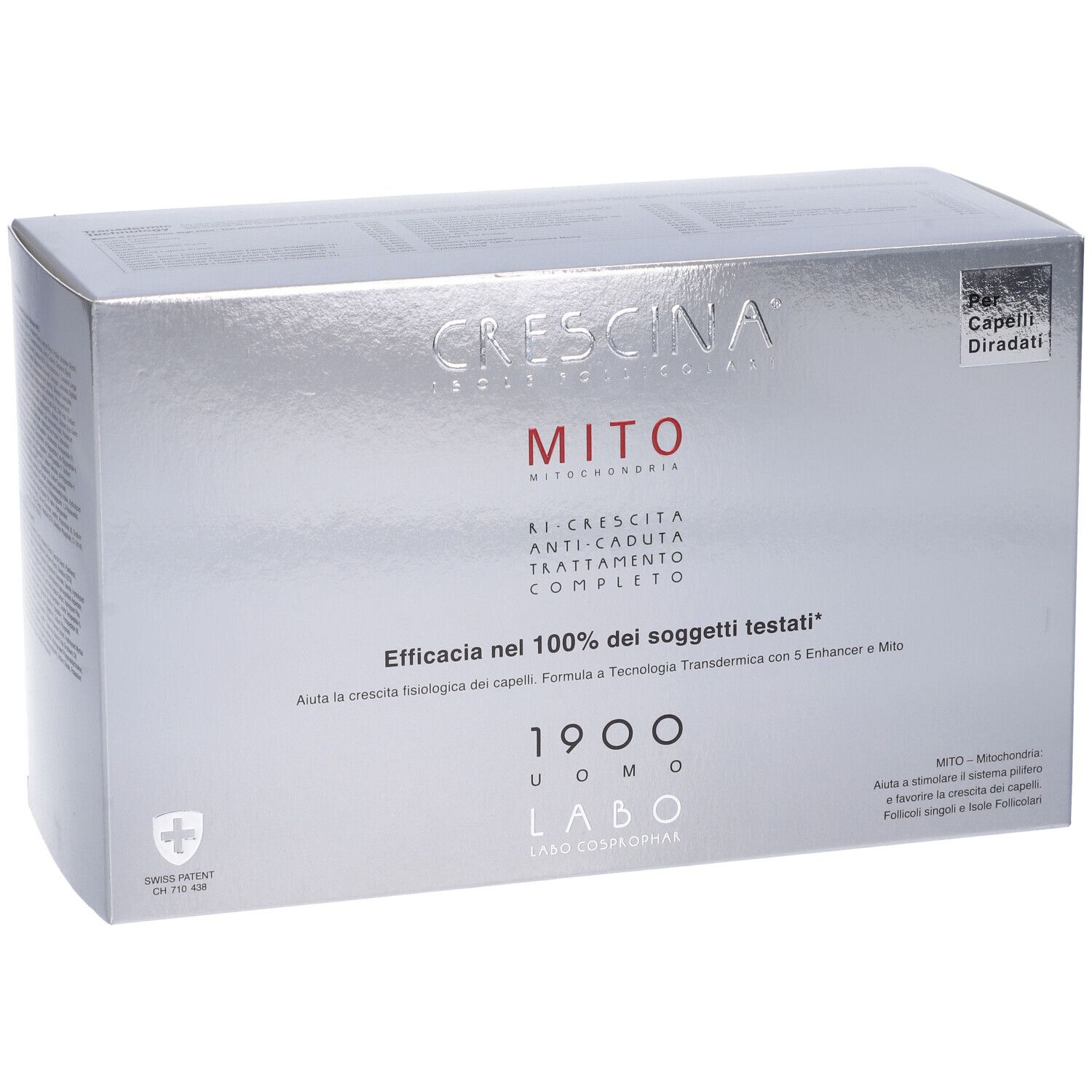 Confezione argento CRESCINA MITO. Testo: Trattamento anticaduta. Per uomini. Brevetto svizzero. 1900 Uomo.