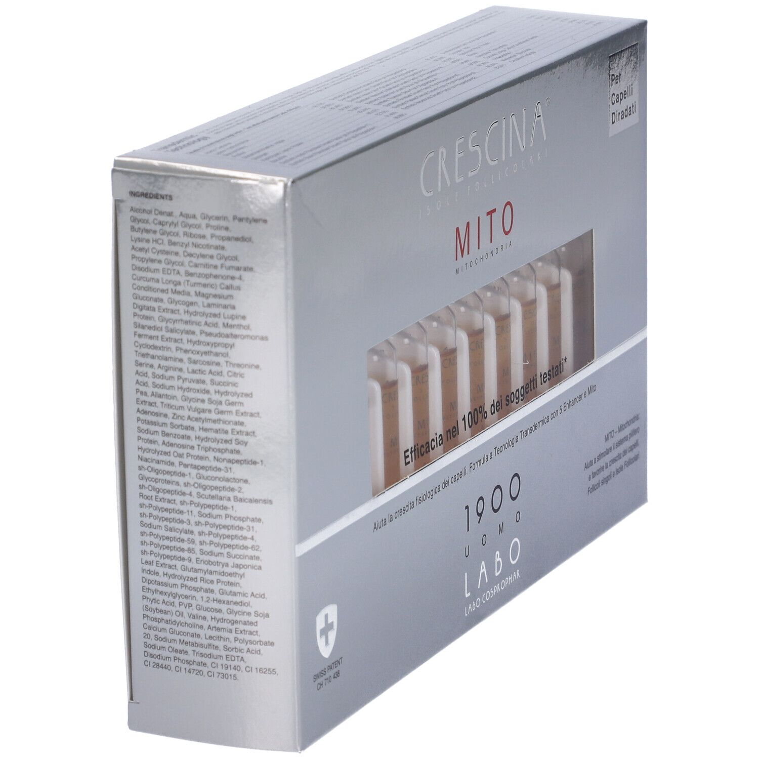 Scatola argentata con informazioni. Scritta: CRESCINA MITO. Croce svizzera.