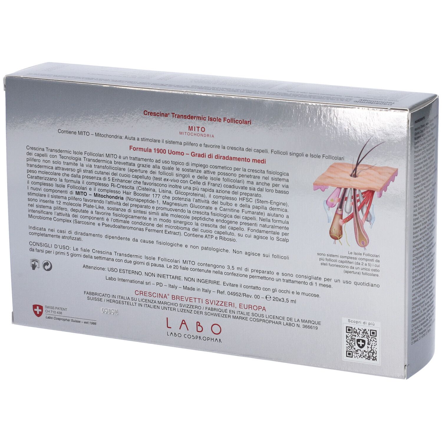 Retro della scatola con informazioni sul prodotto. Illustrazione di un follicolo pilifero. Croce svizzera.