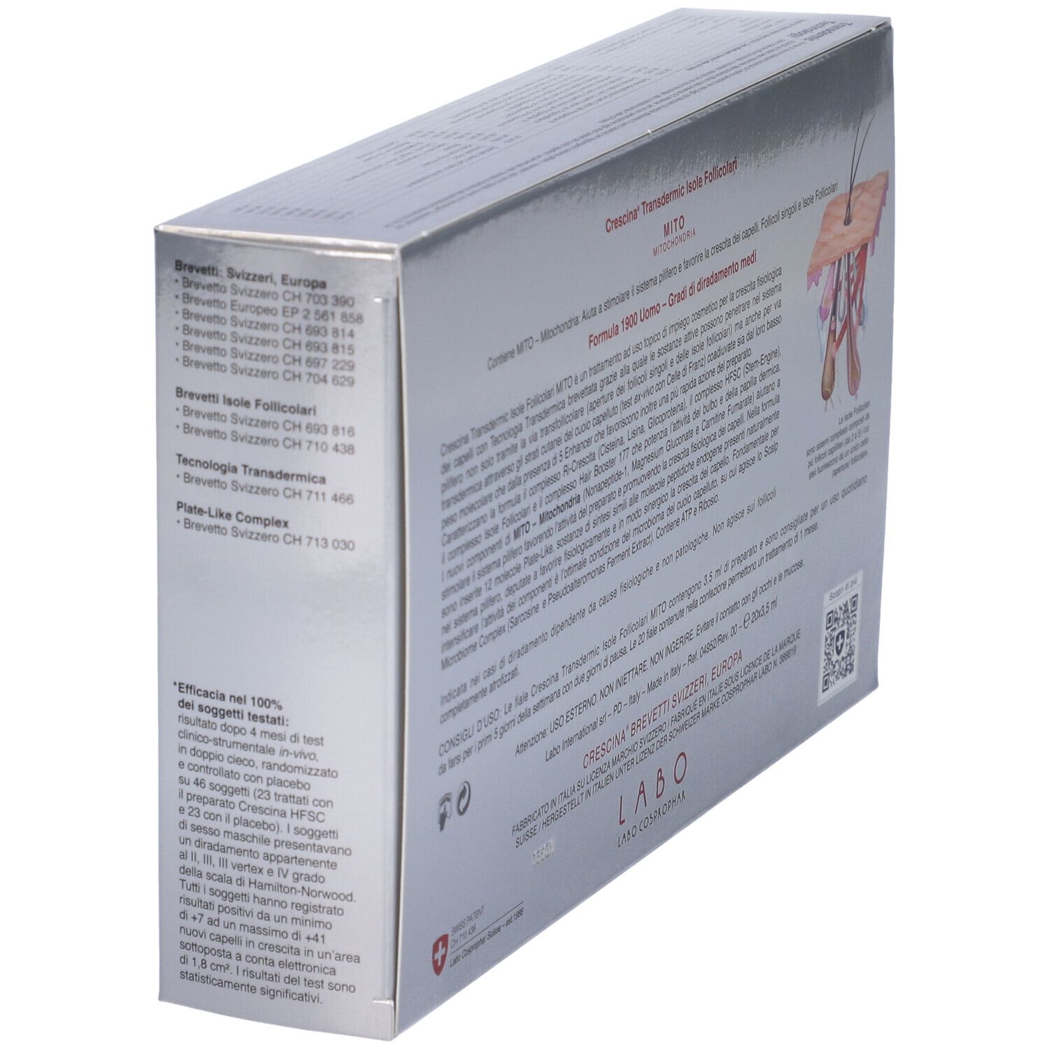 Scatola argentata con informazioni sul prodotto. Illustrazione di un follicolo pilifero. Croce svizzera.