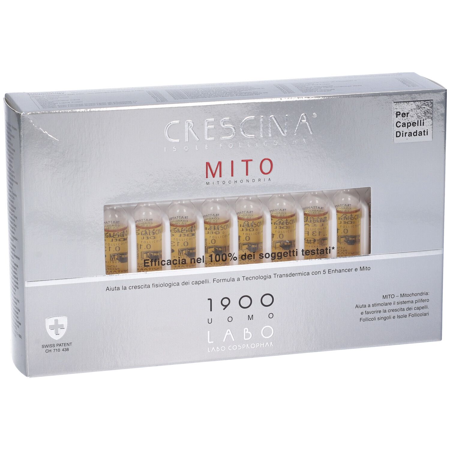 Scatola con fiale. Scritta: CRESCINA MITO 1900 UOMO. Finestra con fiale visibili. Croce svizzera.