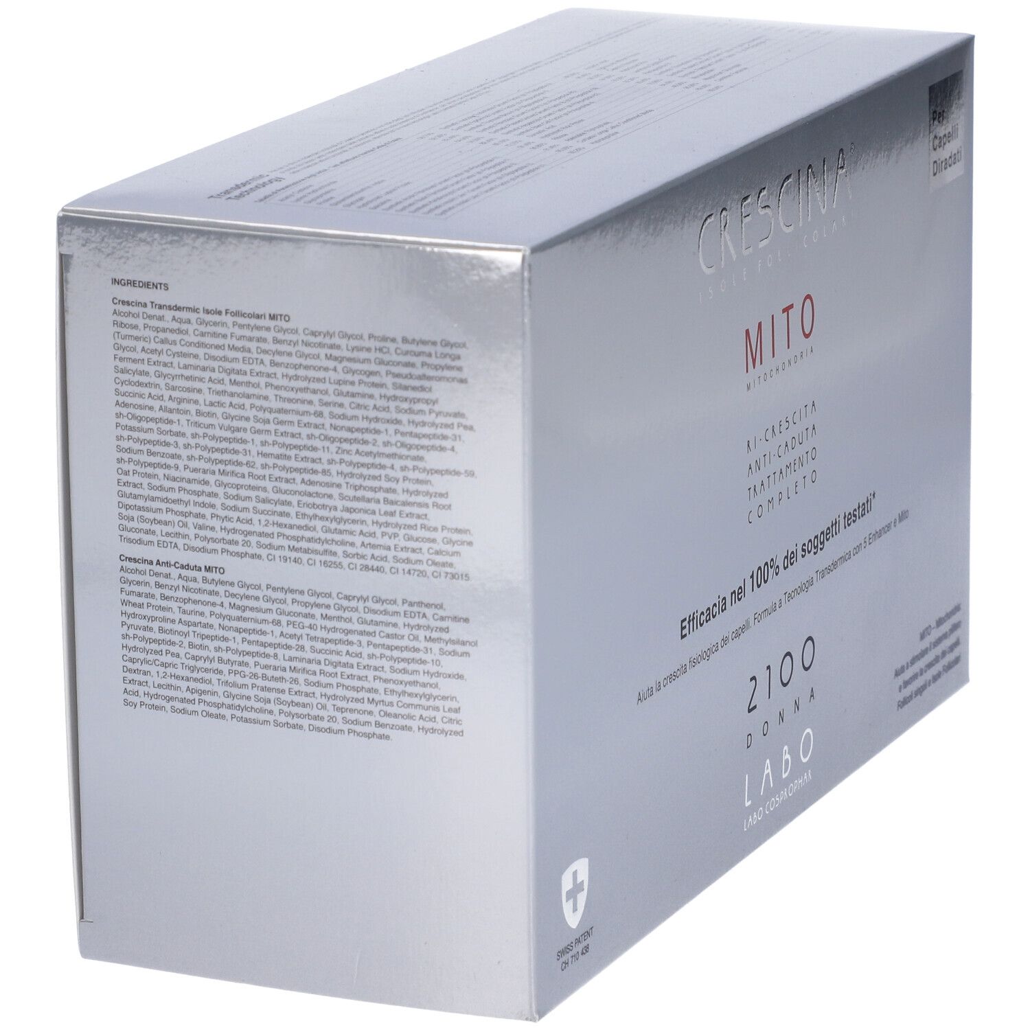 Scatola argentata con elenco ingredienti e informazioni prodotto in italiano.