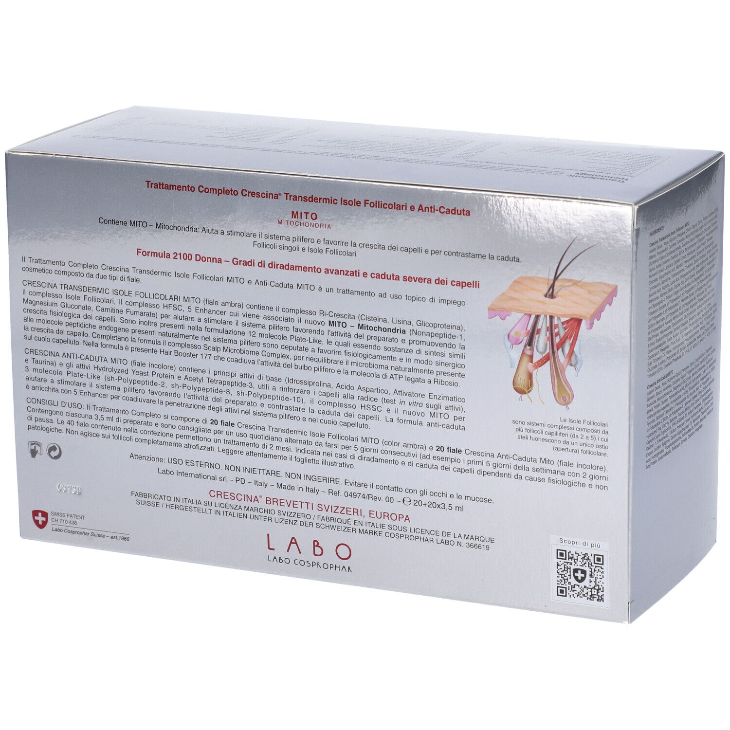 Scatola argentata con testo e illustrazioni. Informazioni prodotto in italiano.