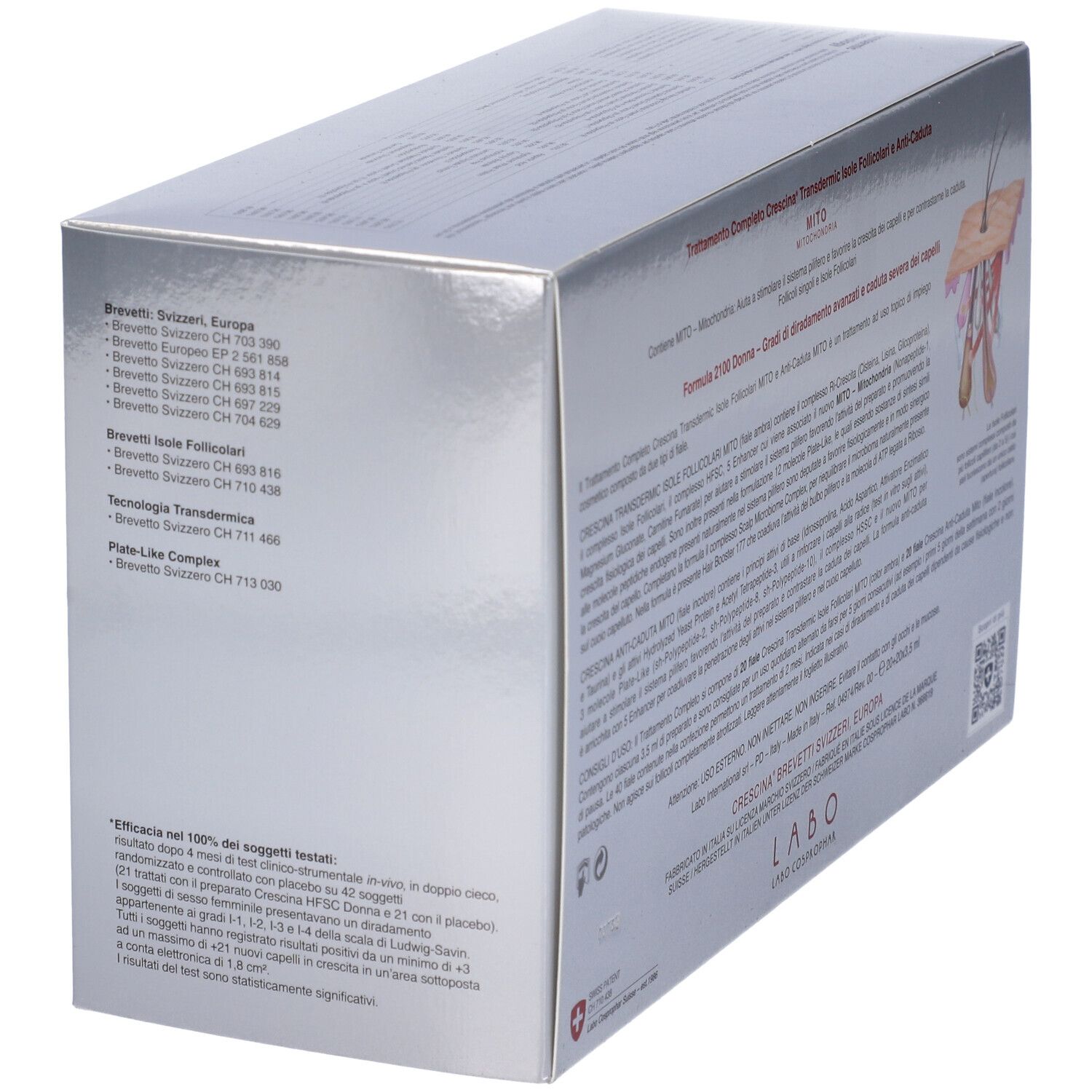 Scatola argentata con testo e illustrazioni. Informazioni prodotto in italiano.