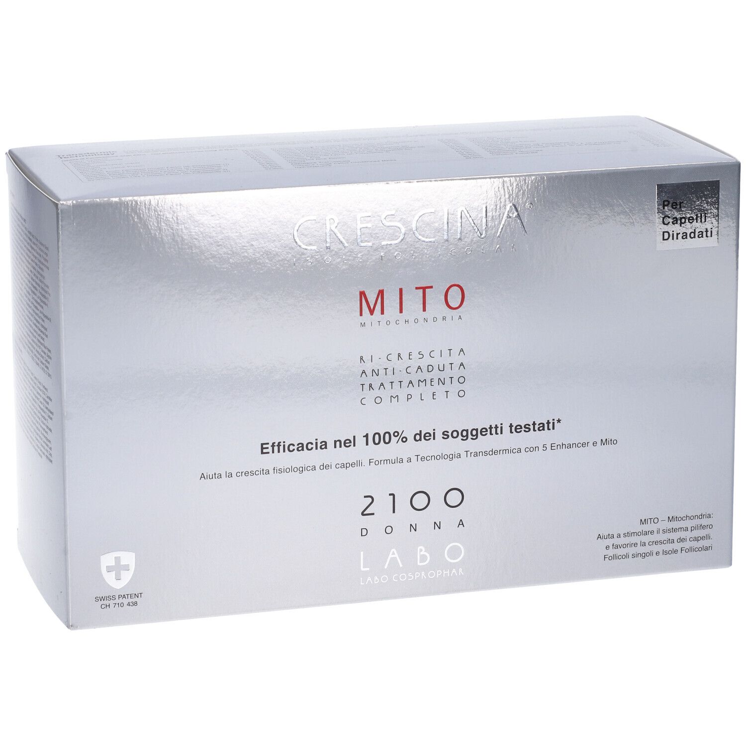 Scatola argentata CRESCINA MITO 2100 DONNA. Per capelli diradati. Testo in italiano.