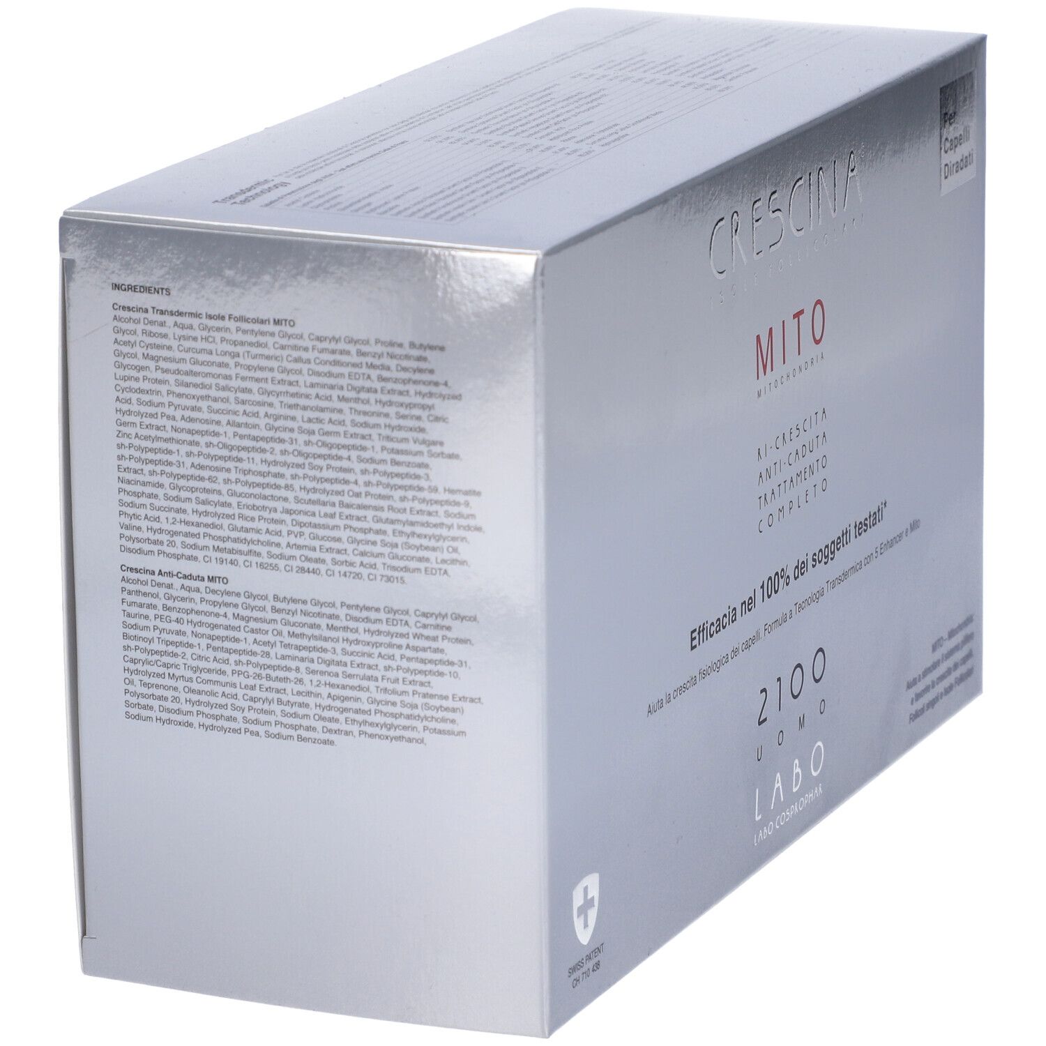 Scatola argento, testo e ingredienti. CRESCINA MITO, LABO. Croce svizzera.