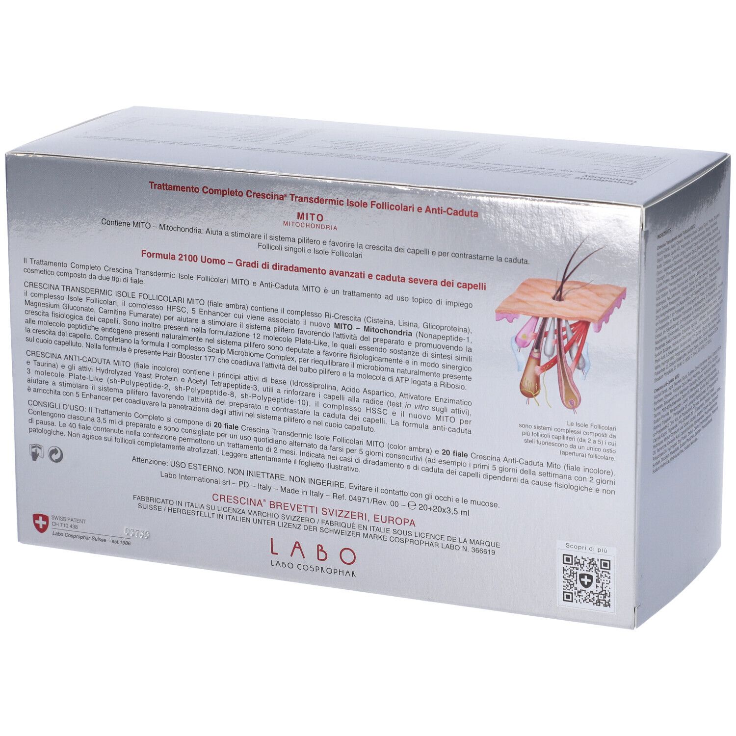 Scatola argento con testo e illustrazione. CRESCINA MITO, LABO. Croce svizzera.