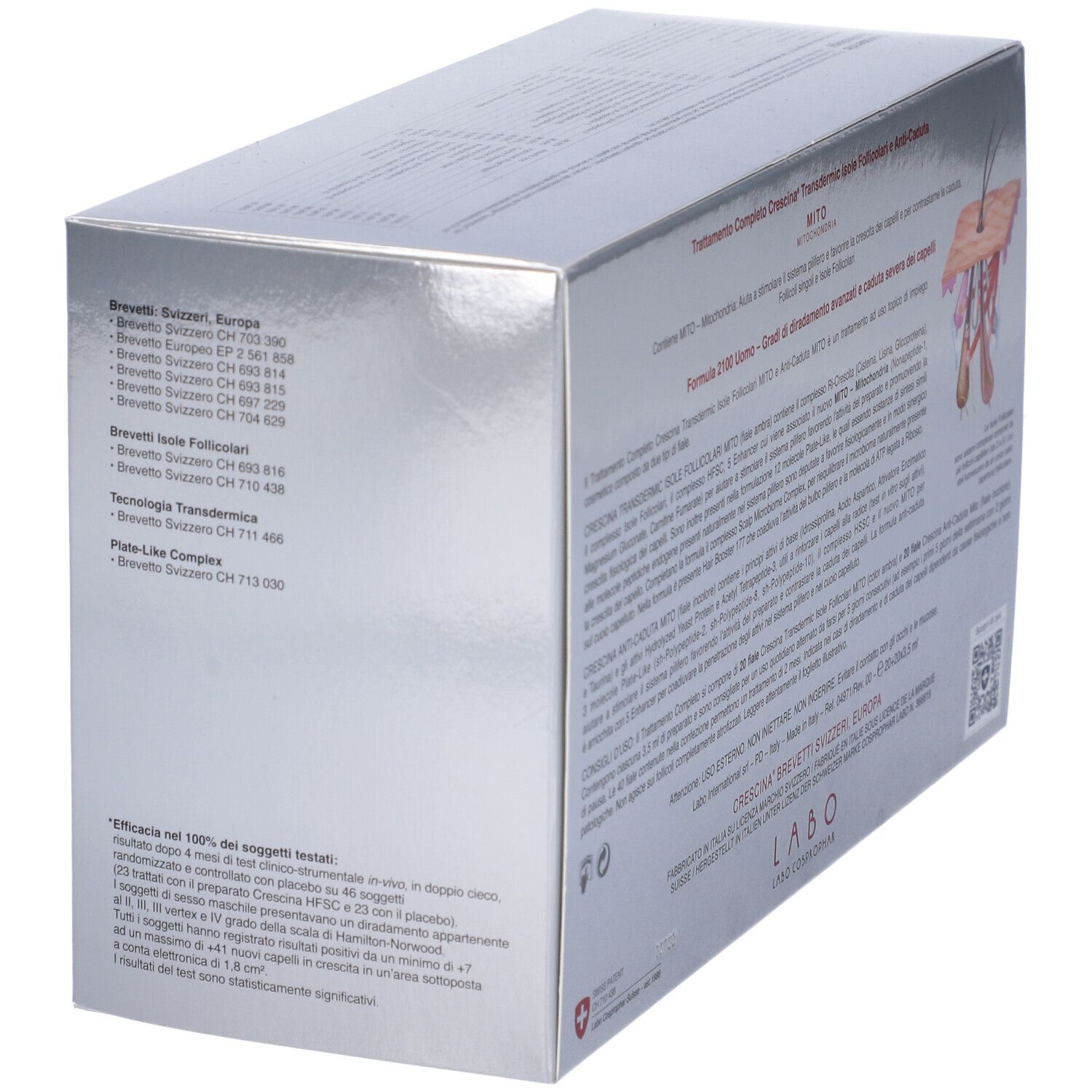 Scatola argento con testo. CRESCINA MITO, LABO. Croce svizzera.