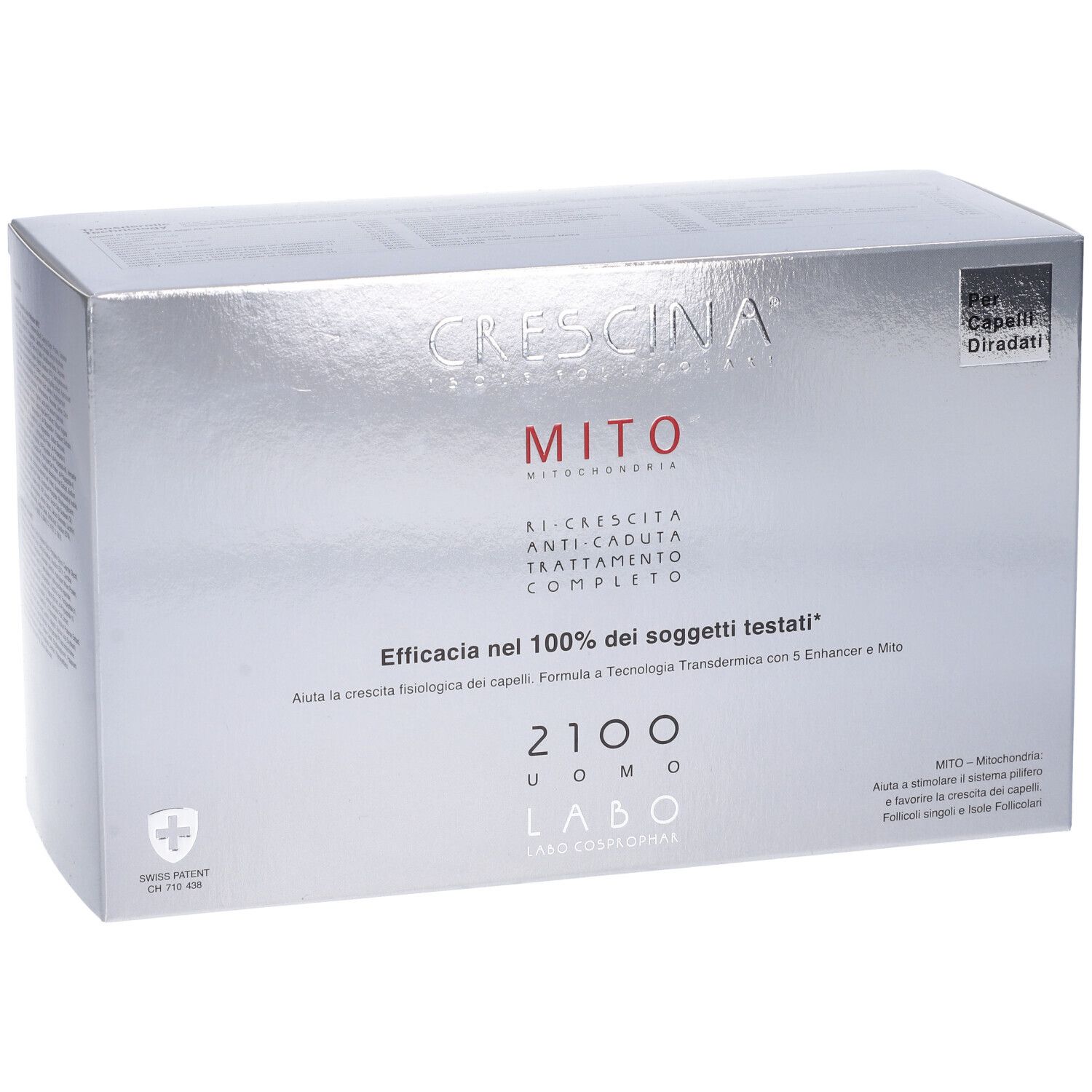 Scatola argento con scritte. CRESCINA MITO, 2100 UOMO, LABO. Croce svizzera.