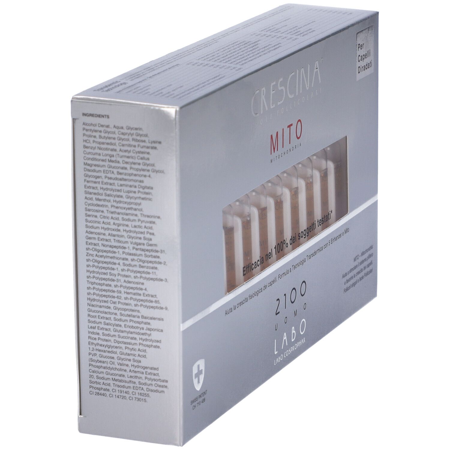 Scatola con fiale, vista laterale. Scritta: CRESCINA, MITO, 2100 UOMO. Ingredienti.