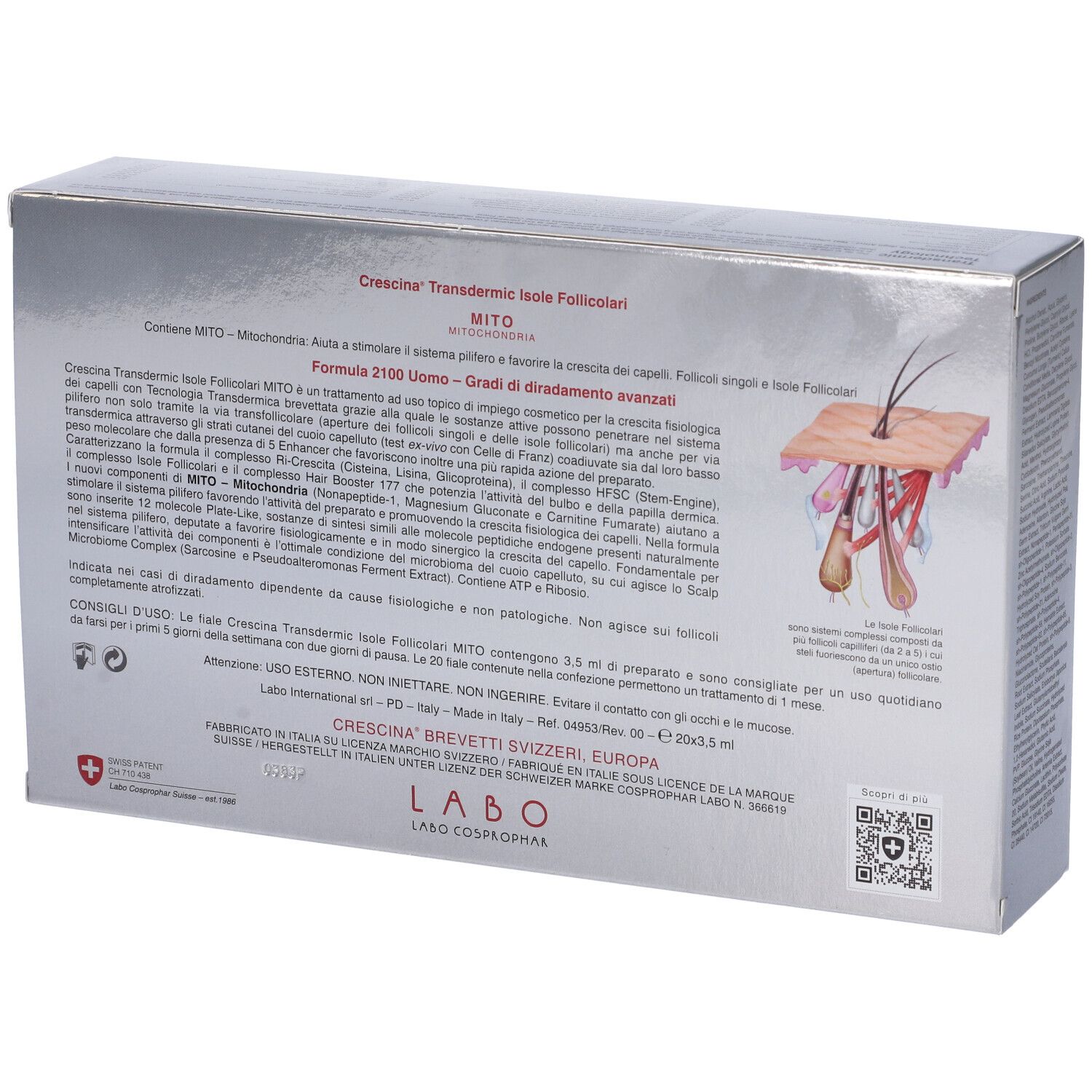 Retro della scatola. Testo e illustrazione di un taglio di capelli. Scritta: CRESCINA, MITO.